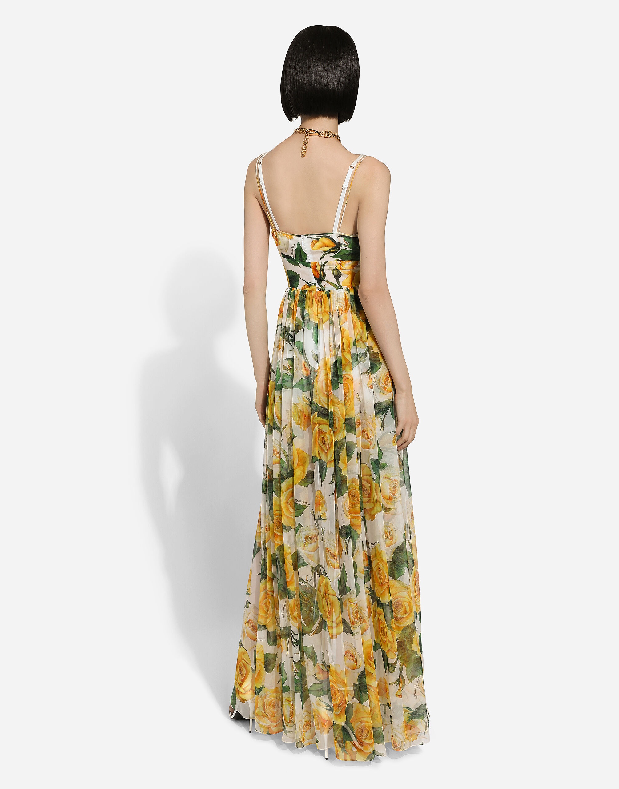 Long silk chiffon dress with yellow rose print - 3