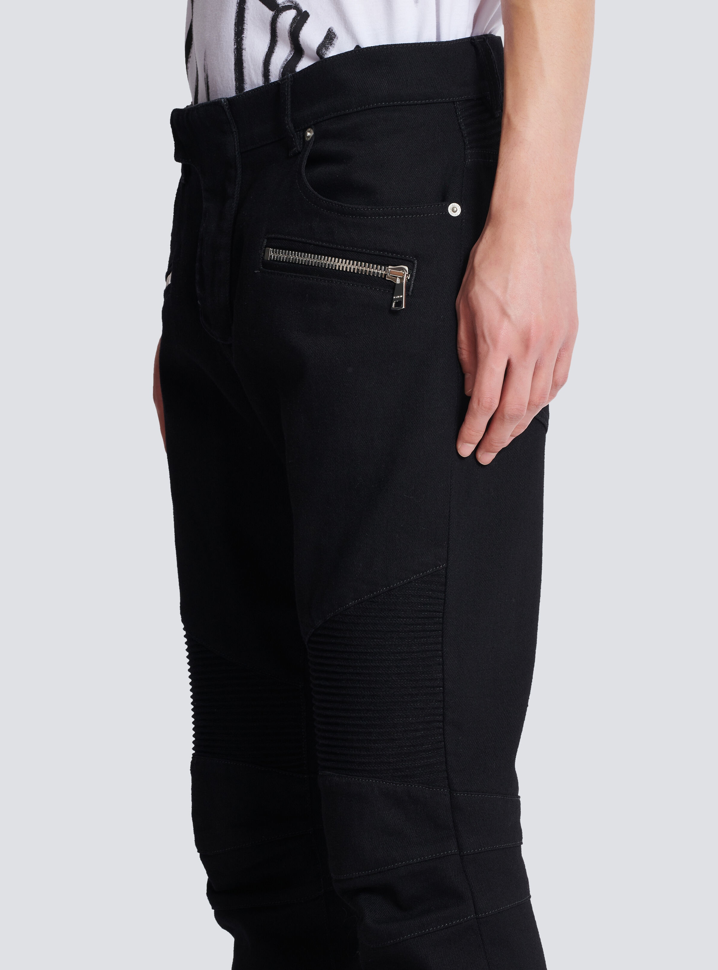 Slim-fit biker jeans in black denim - 7