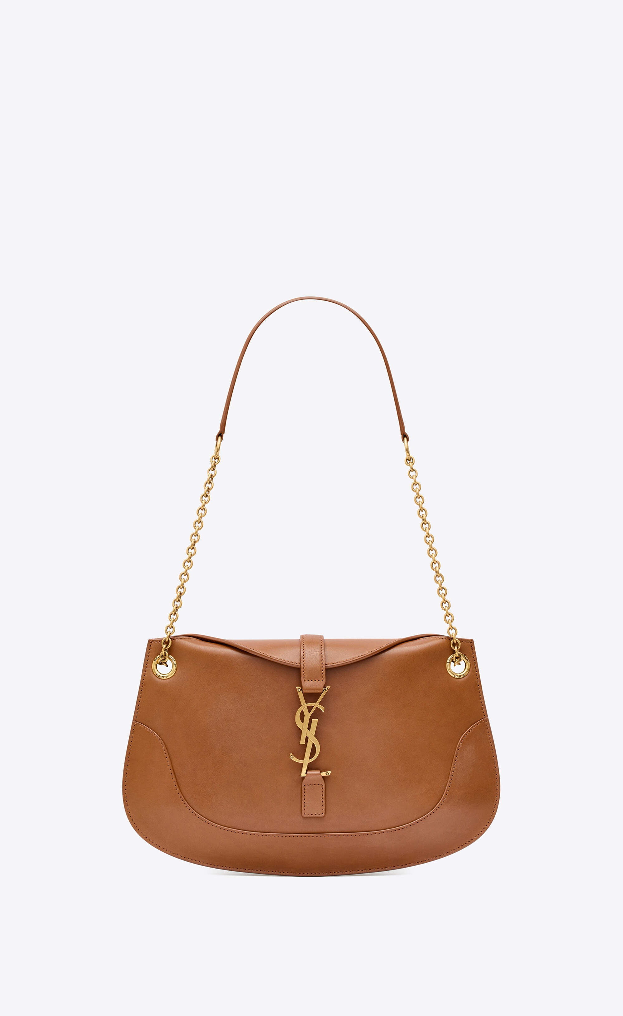 Tan Kaia small YSL-plaque leather cross-body bag