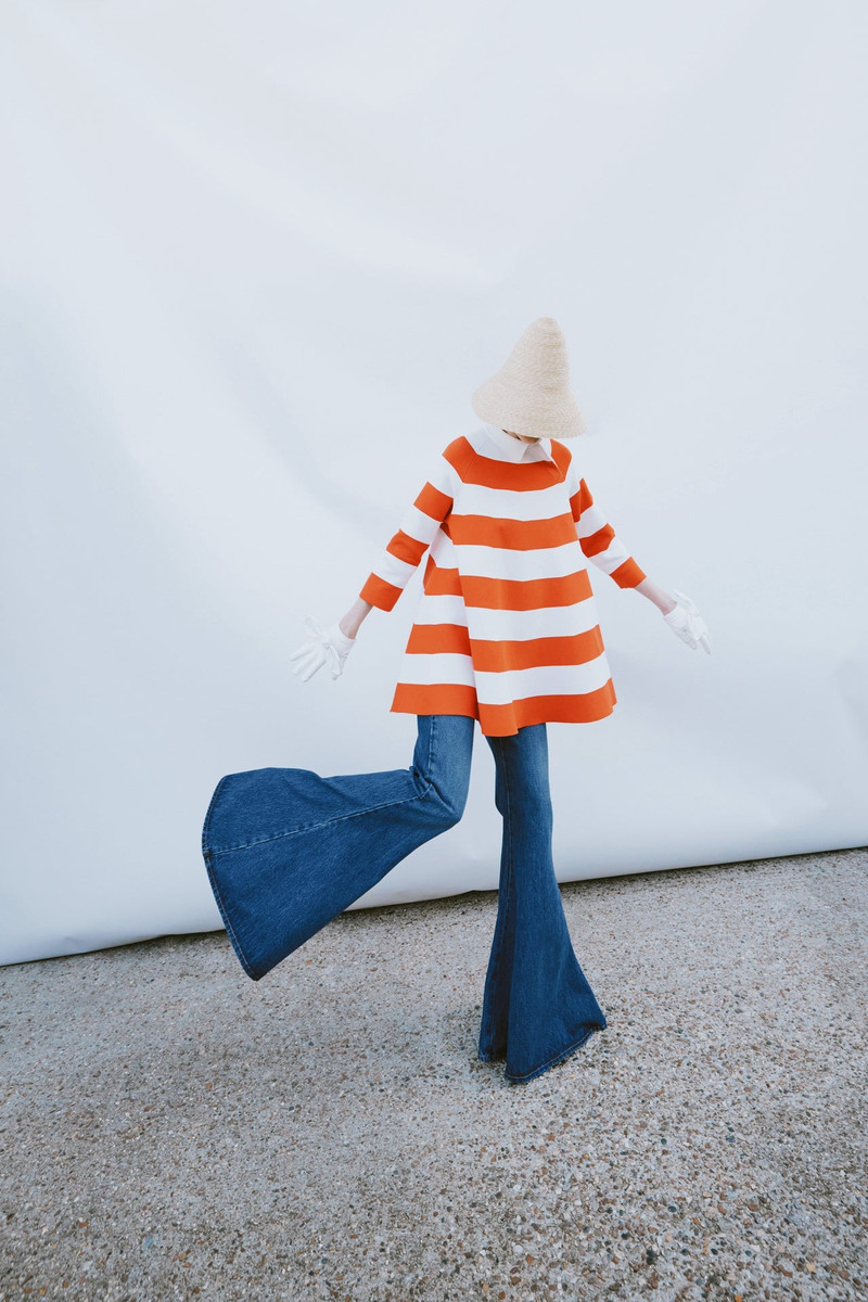 KNITTED FLARED MINI DRESS WITH ASYMMETRIC COLLAR RED WHITE STRIPED 1