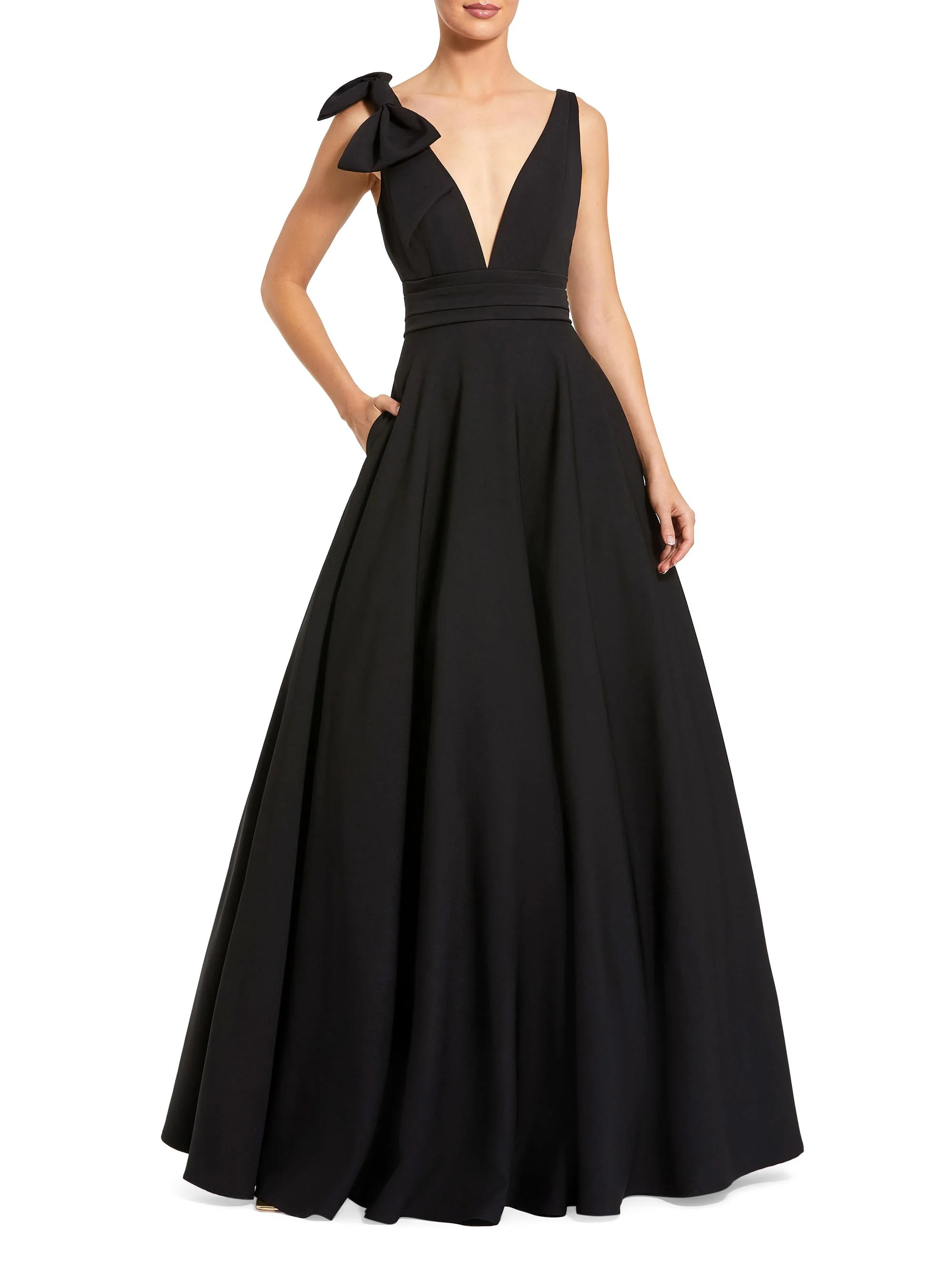 Women's Crepe Sleeveless V-Neck Gown - Black - 1