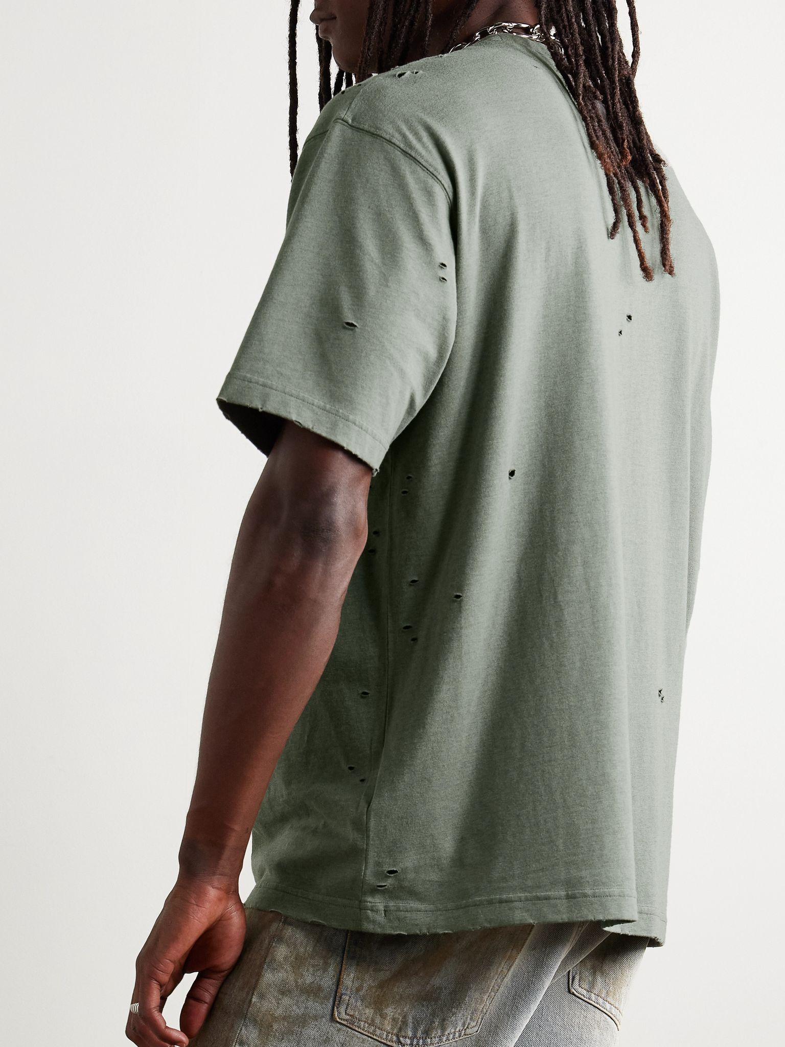 Exford Distressed Logo-Print Cotton-Blend Jersey T-Shirt Gray green - 3
