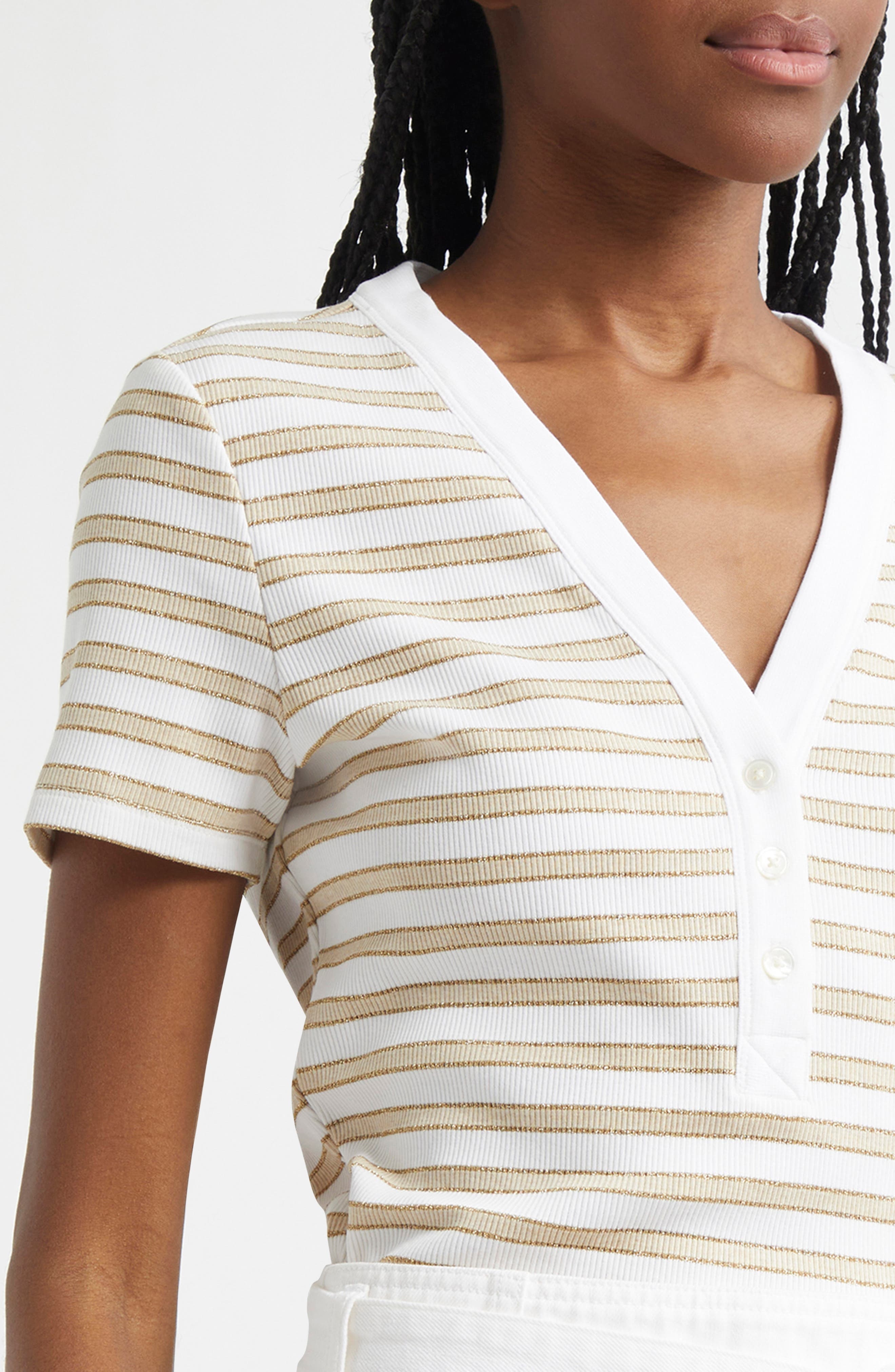 Veronica Beard Dekalb Stripe Stretch Cotton Henley Top in Khaki White at Nordstrom - 5