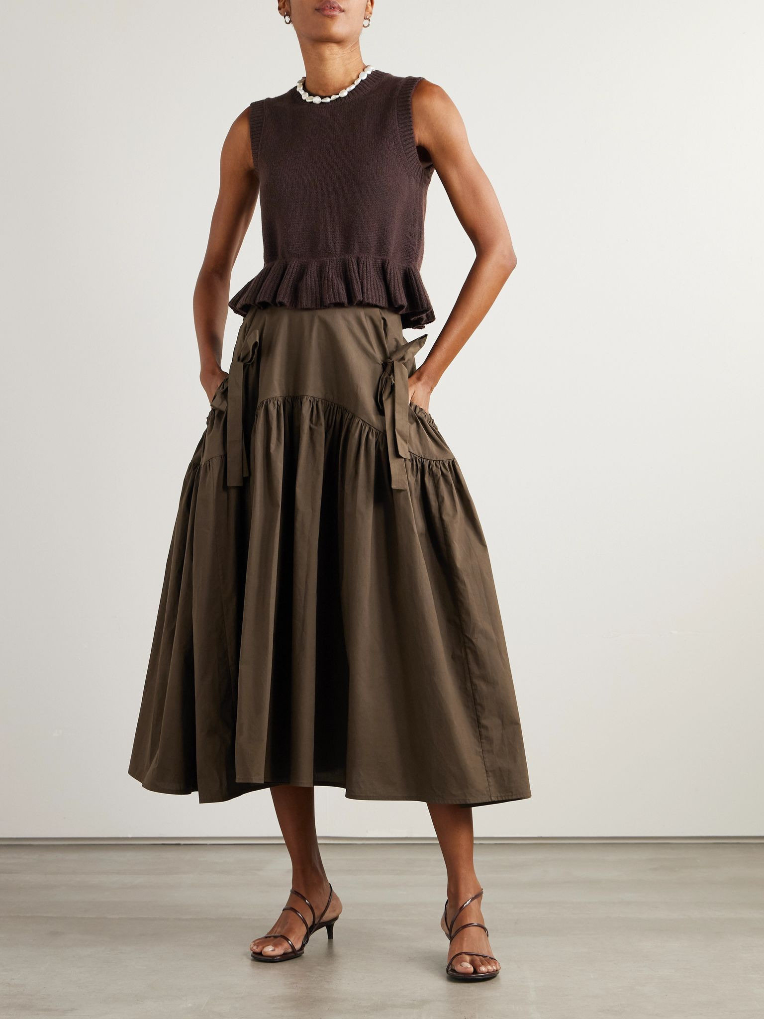 Justice bow-detailed gathered cotton midi skirt Brown - 2