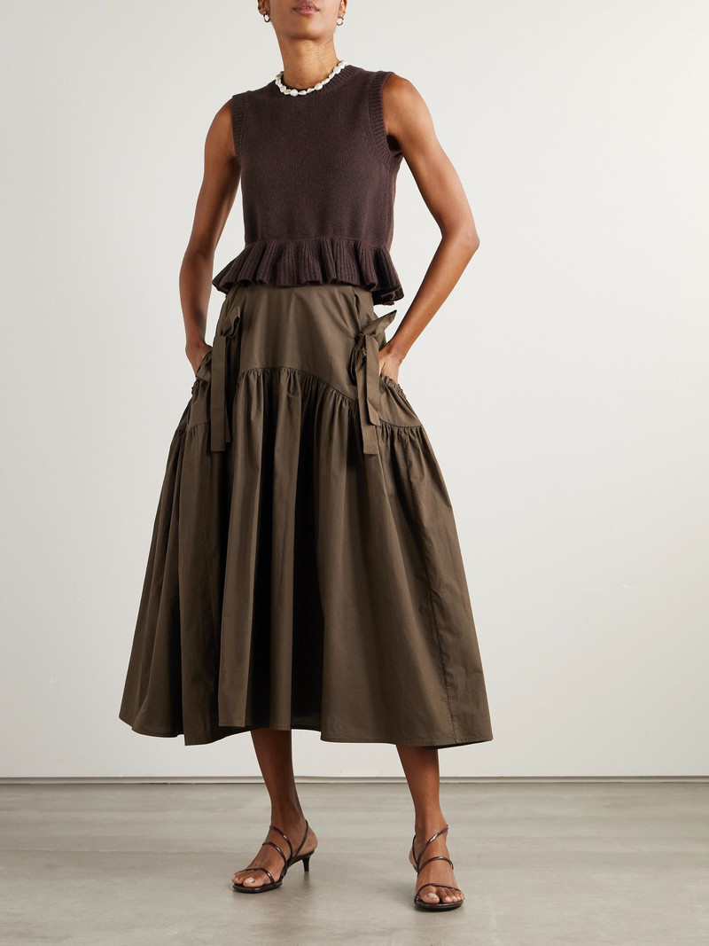 CECILIE BAHNSEN Justice bow-detailed gathered cotton midi skirt Brown outlook