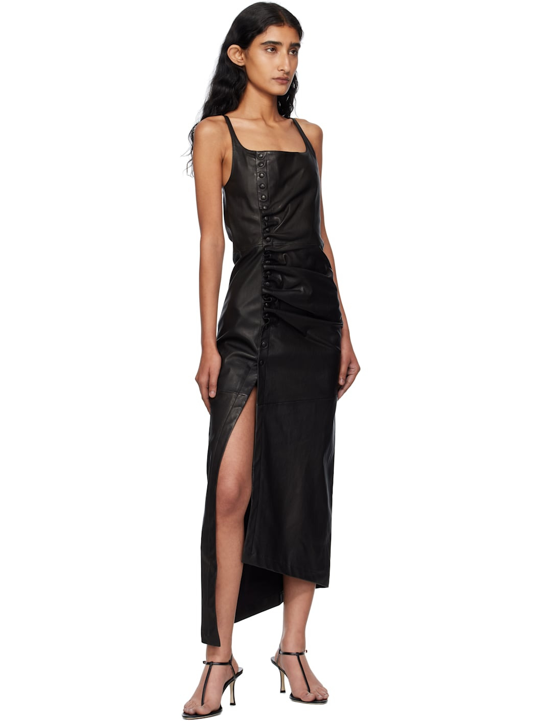 Black Draped Leather Midi Dress - 4