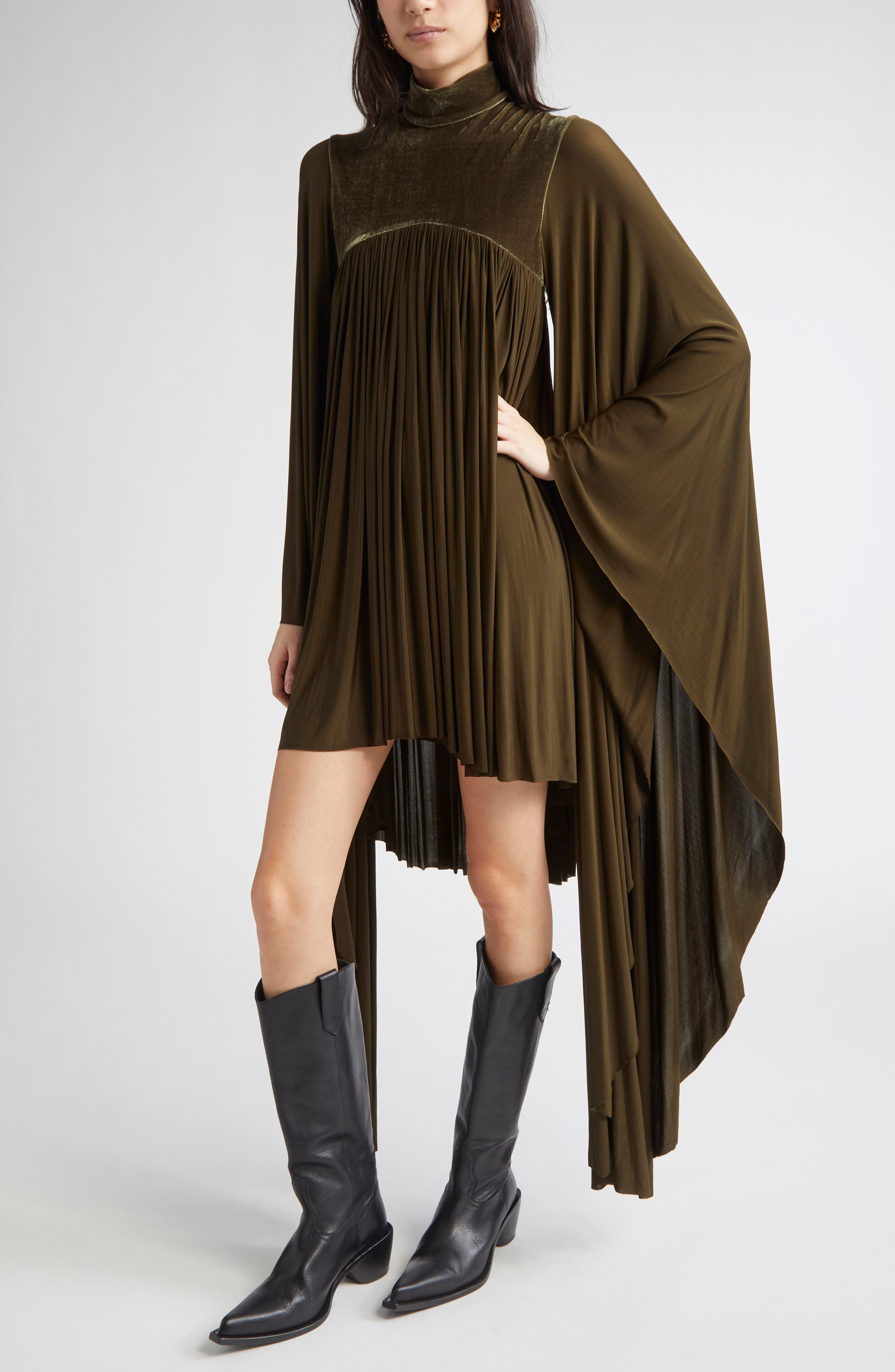 Zimmermann Memento Pleated Batwing Sleeve Minidress in Olive at Nordstrom - 4