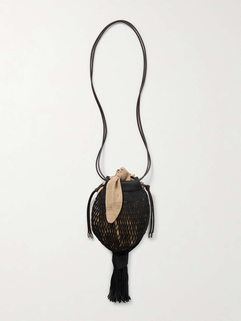 + FILT 1860 Octopus leather-trimmed tasseled macramé shoulder bag Black 1