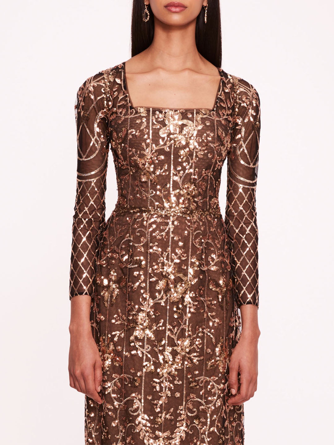 SEQUIN LATTICE SLEEVED GOWN - 4