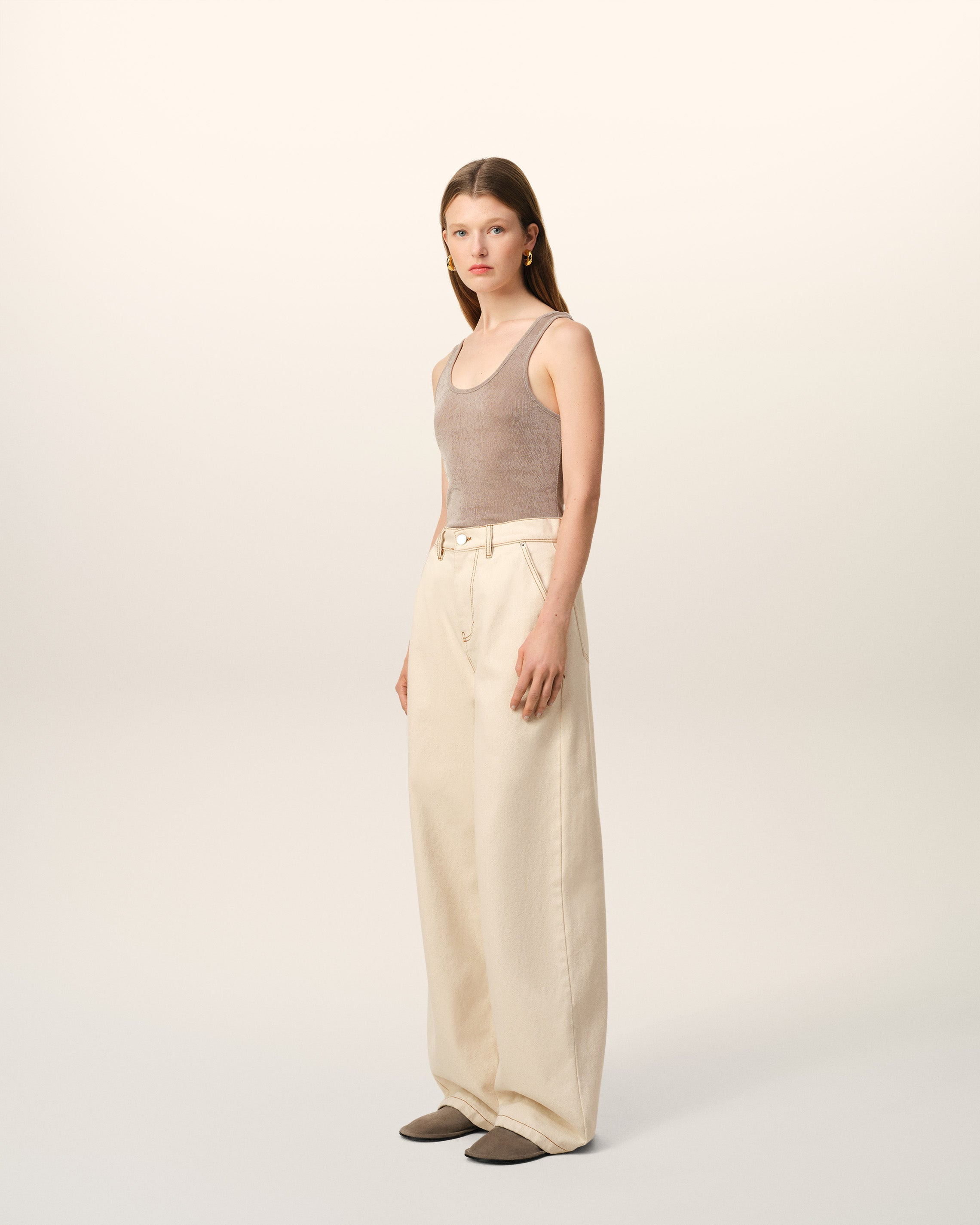 BEIGE COTTON WIDE FIT JEANS - 6
