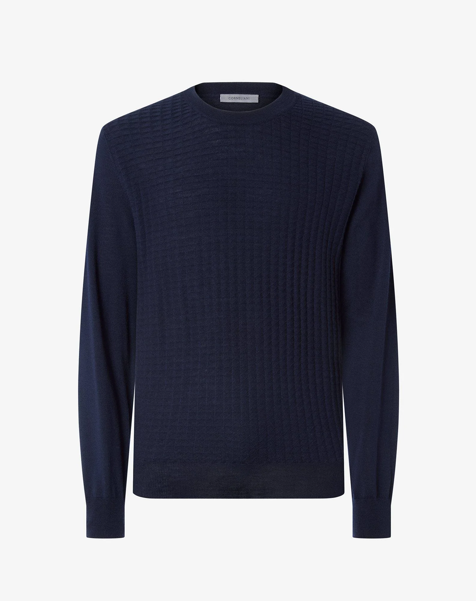 Navy blue long-sleeved crew neck jumper made from extra fine pure wool - 1