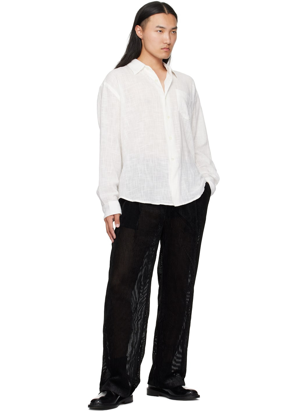 Black Devored Stripes Large Pleats Trousers - 4