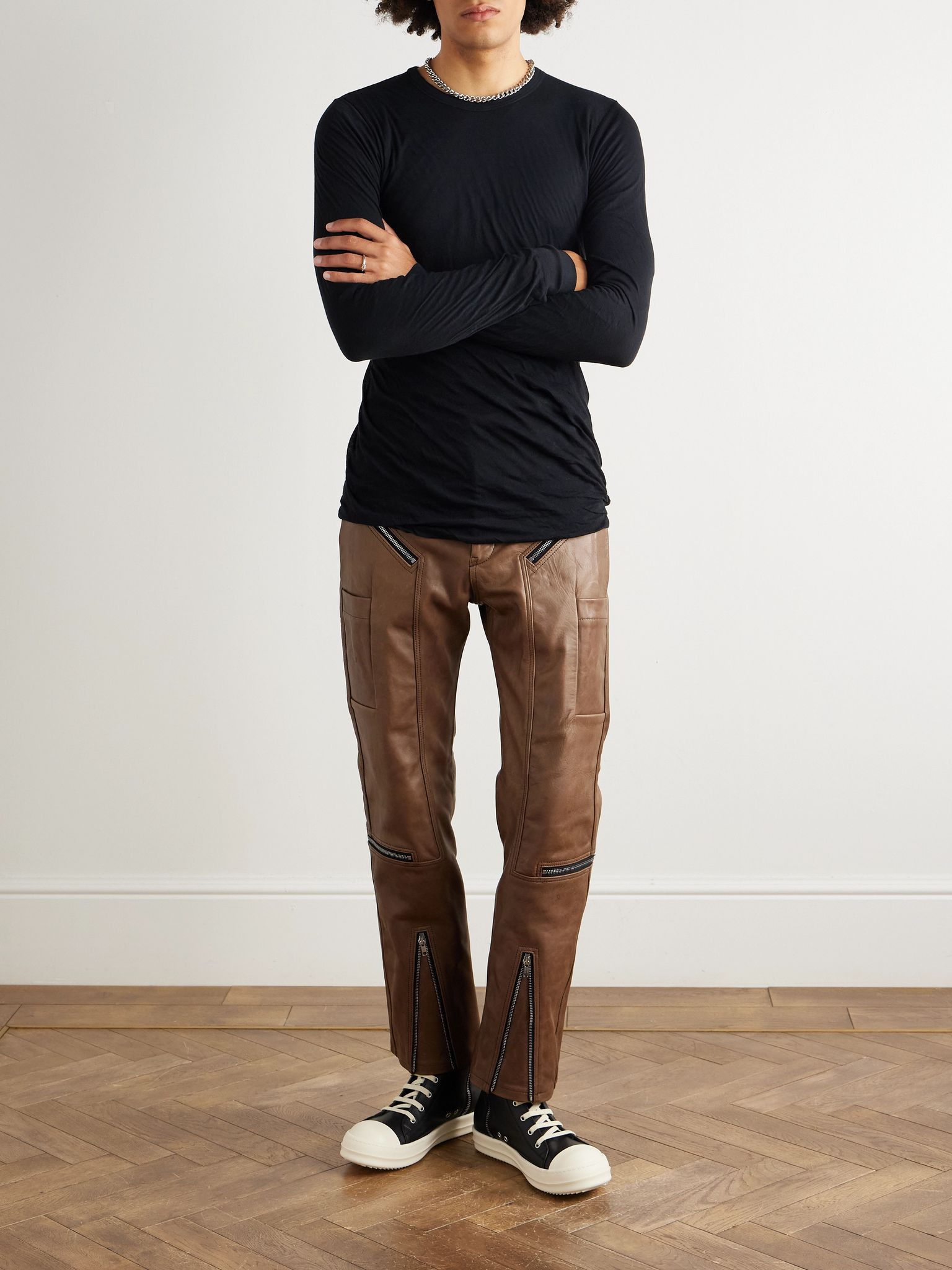 Slim-Fit Leather Trousers Brown - 2