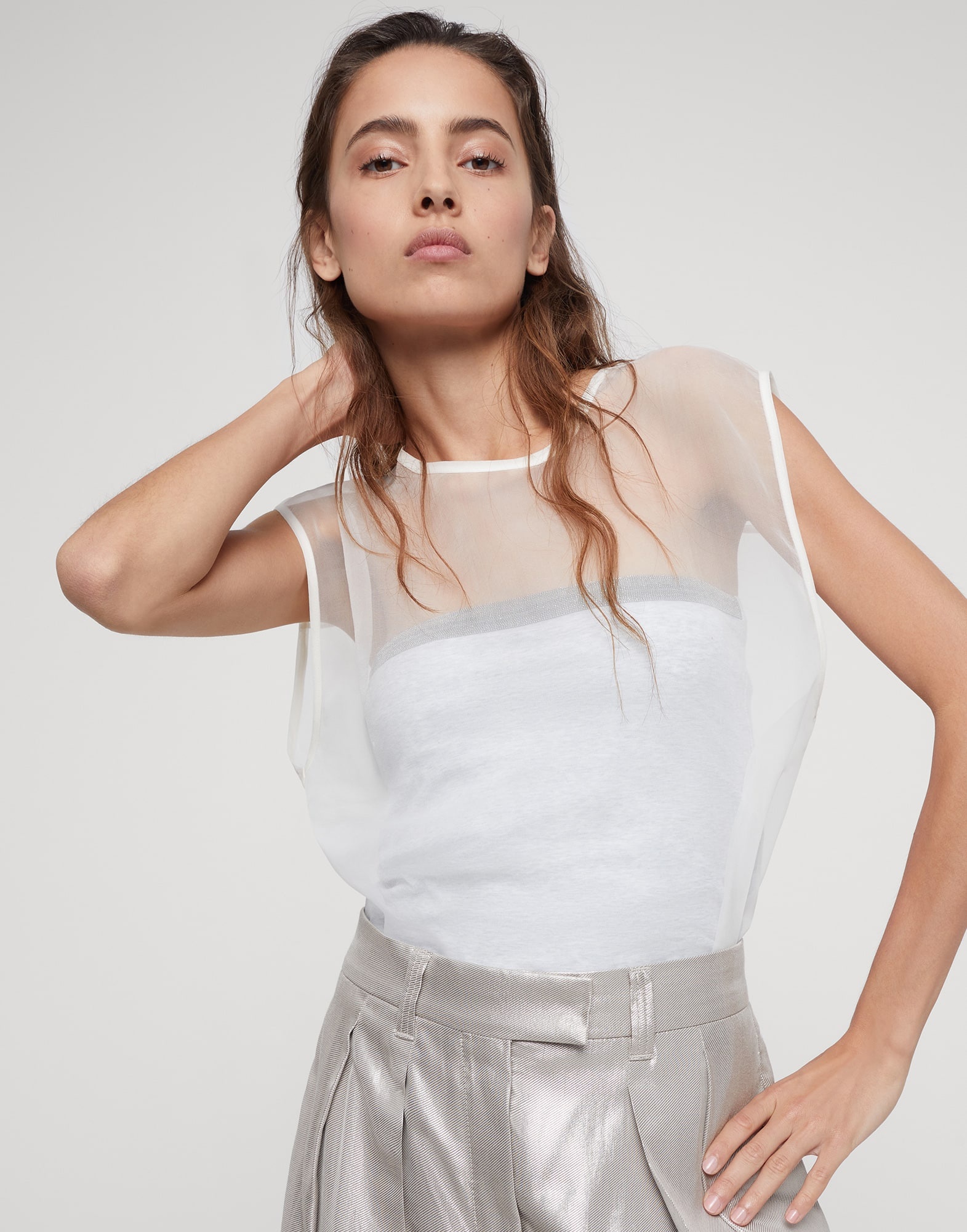 Brunello Cucinelli Crispy silk top with shiny trim bandeau in 