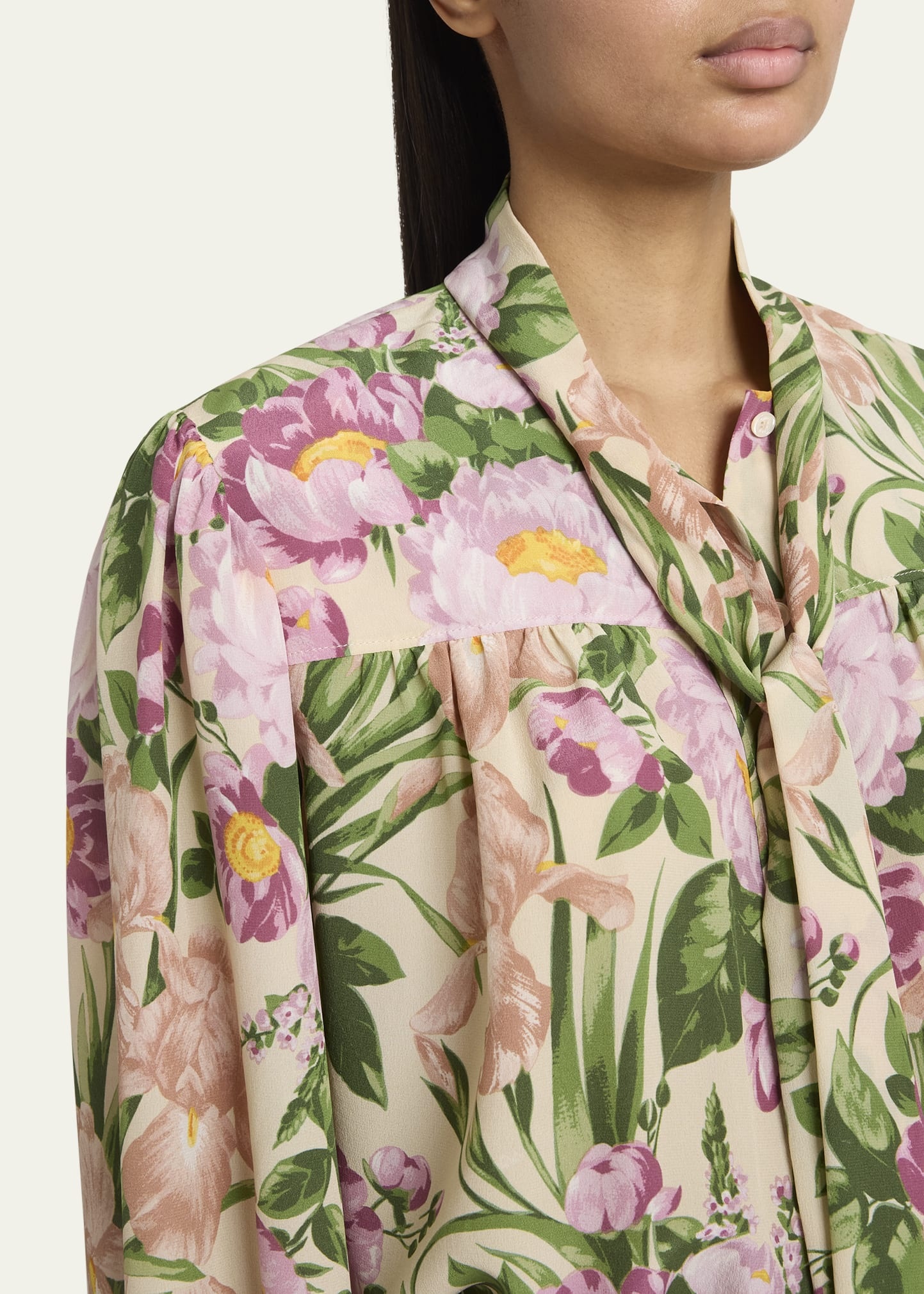 Floral Silk Neck-Tie Button-Down Blouse - 5