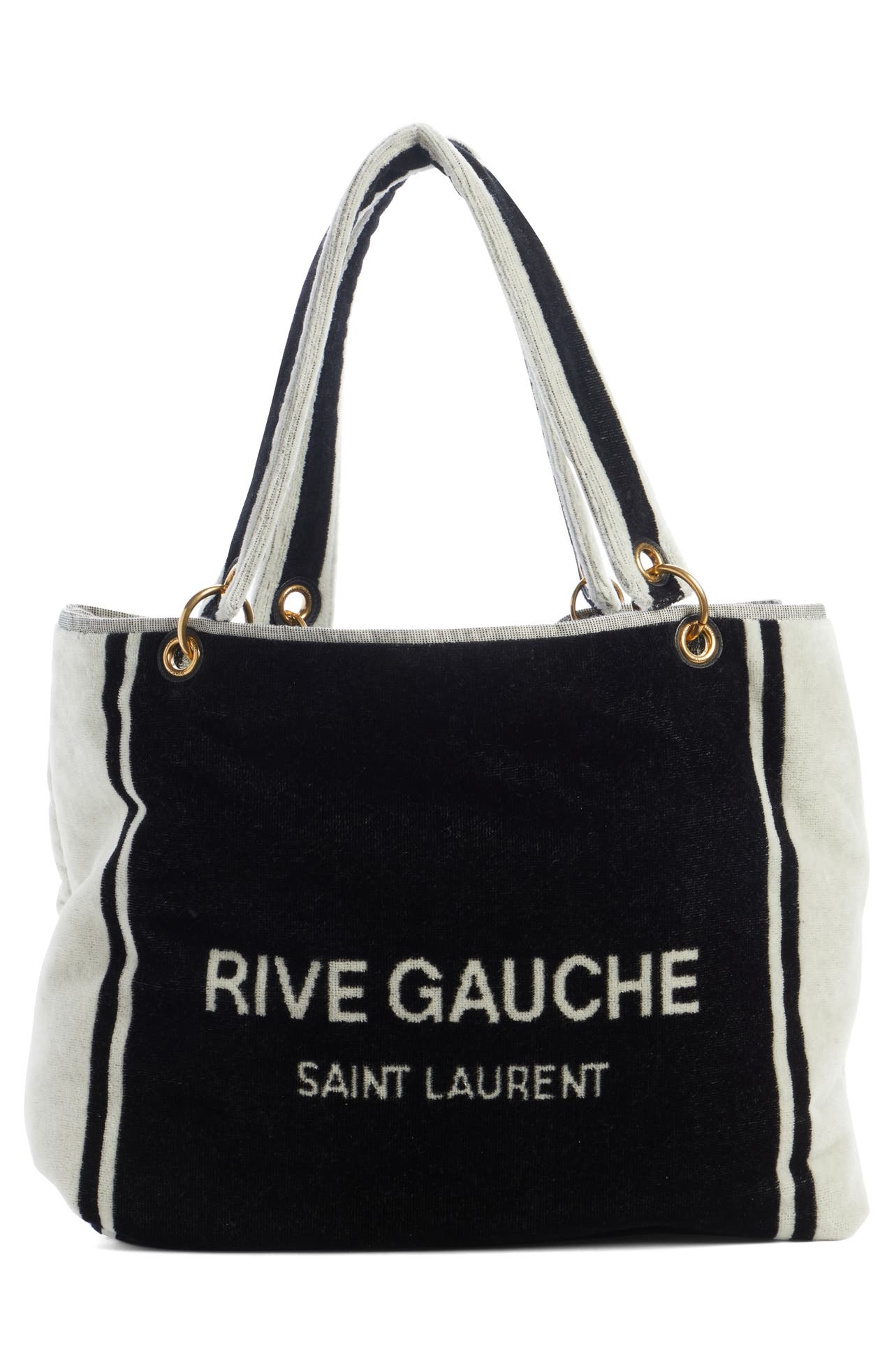 Saint Laurent Rive Gauche Noe Terrycloth Towel Tote in Nero/Bianco/Nero at Nordstrom - 1