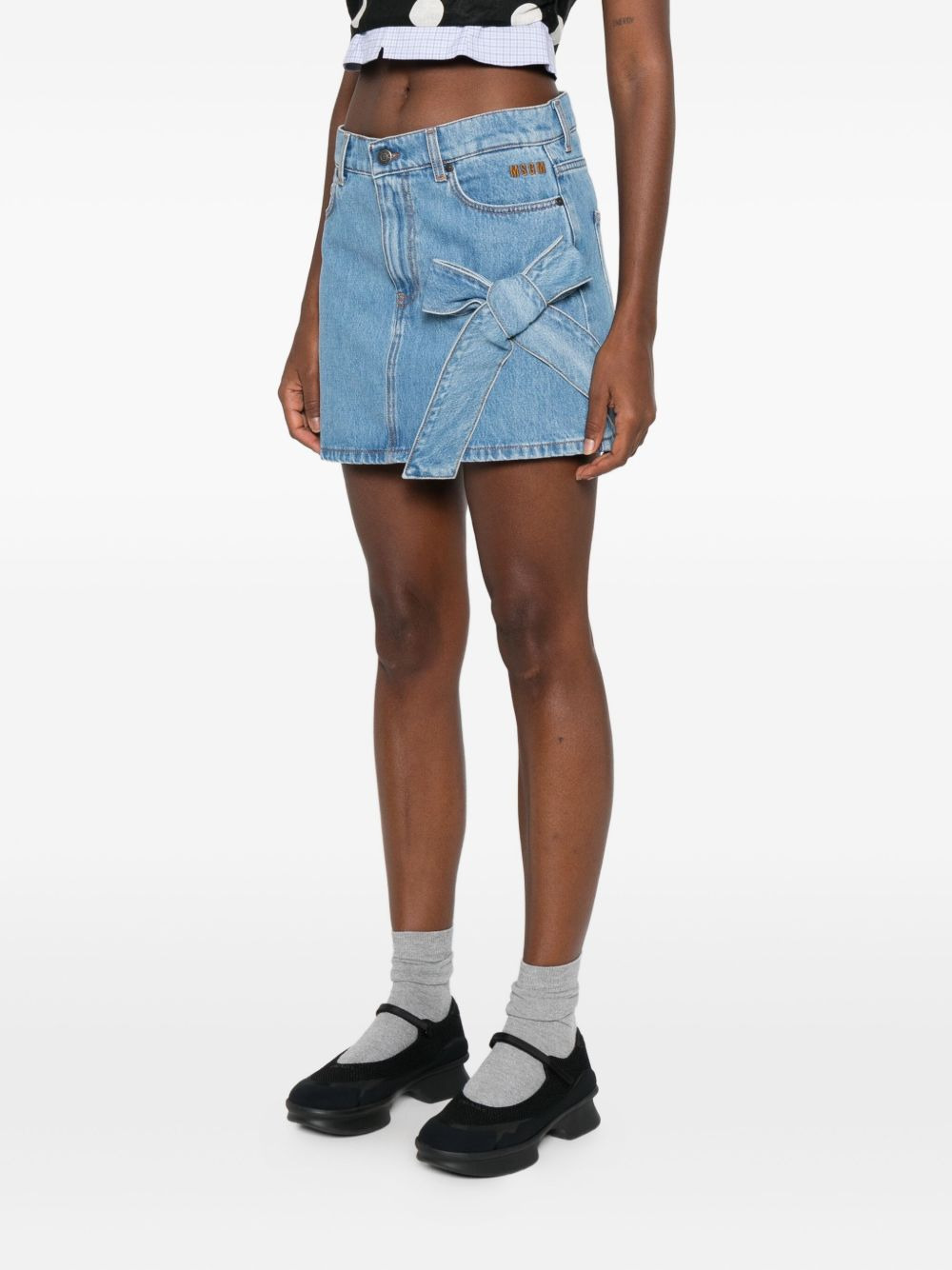 bow-detail denim mini straight skirt - 3