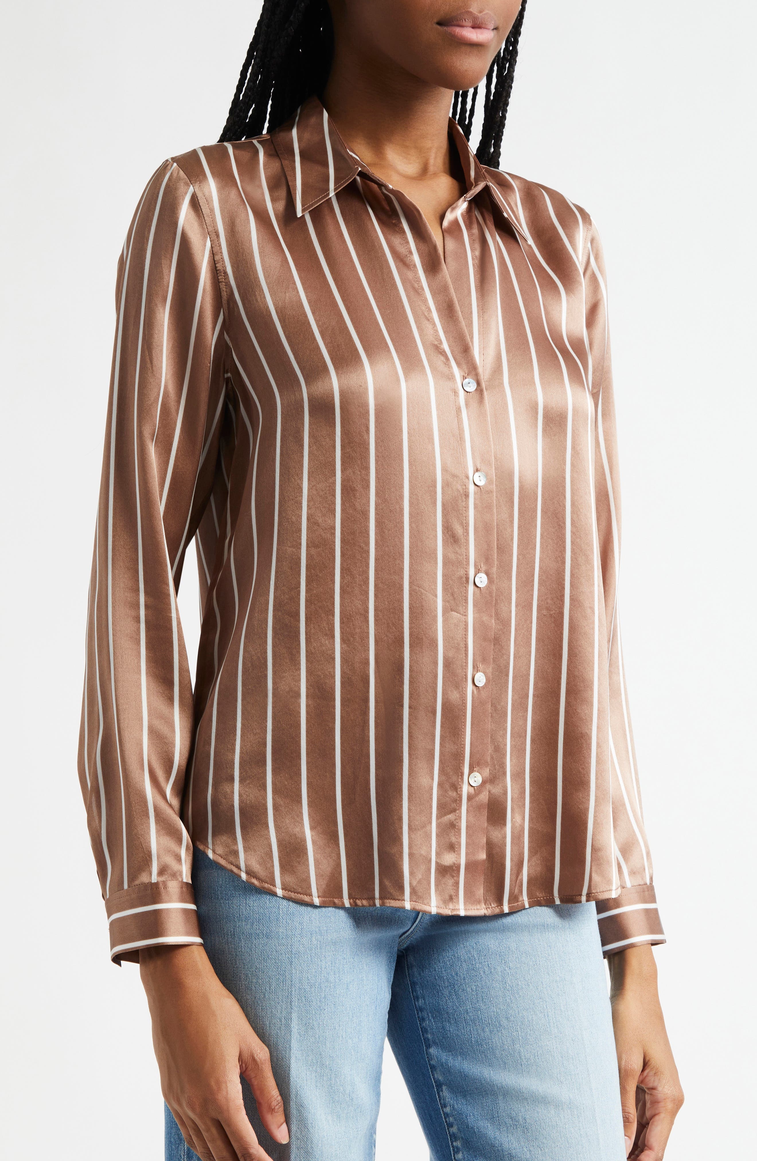L'AGENCE Tyler Stripe Silk Button-Up Shirt in Chocolate Malt/Ecru Stripe at Nordstrom - 5