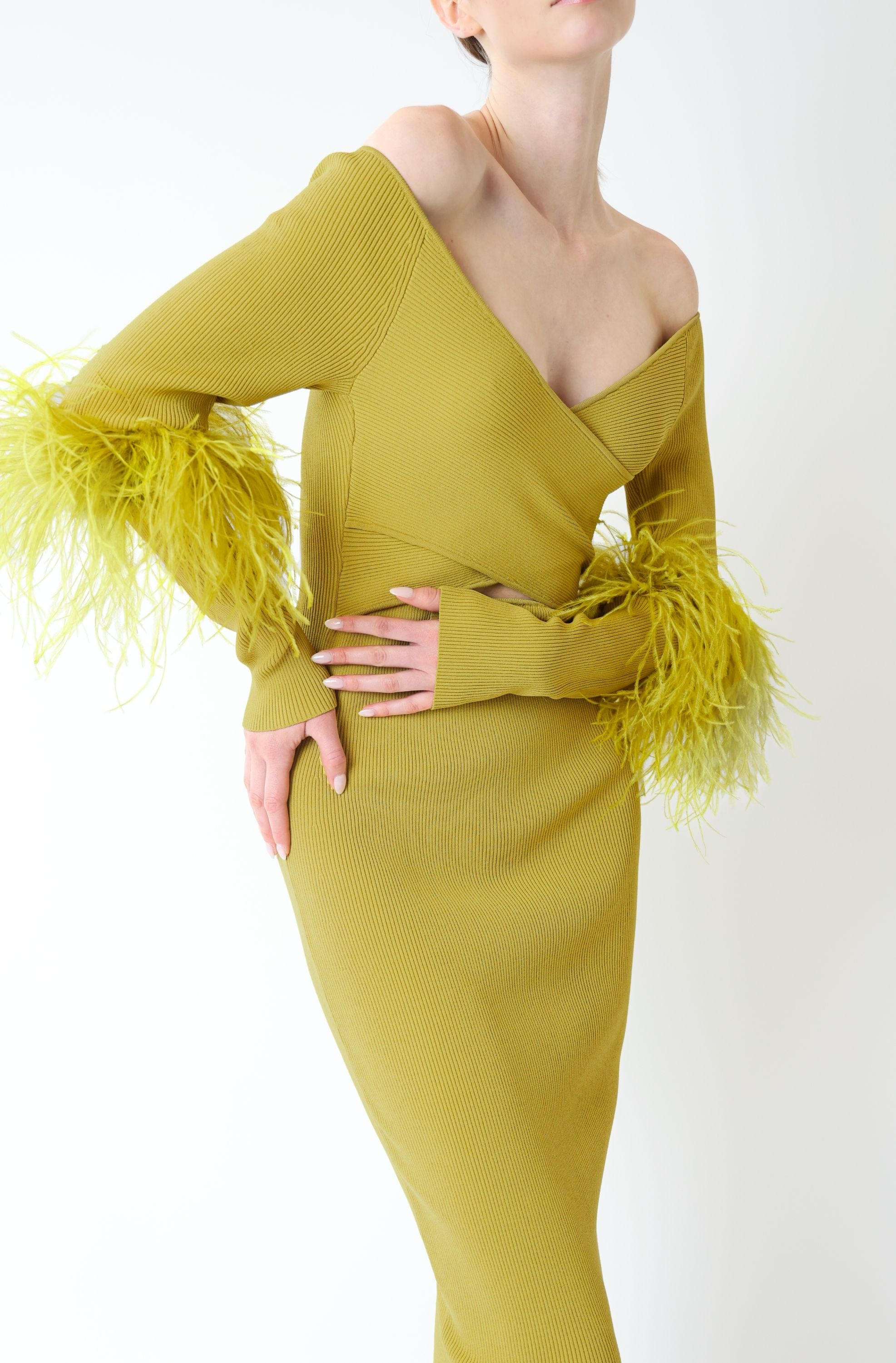 Matte Viscose Cross Front Dress With Feathers - 4