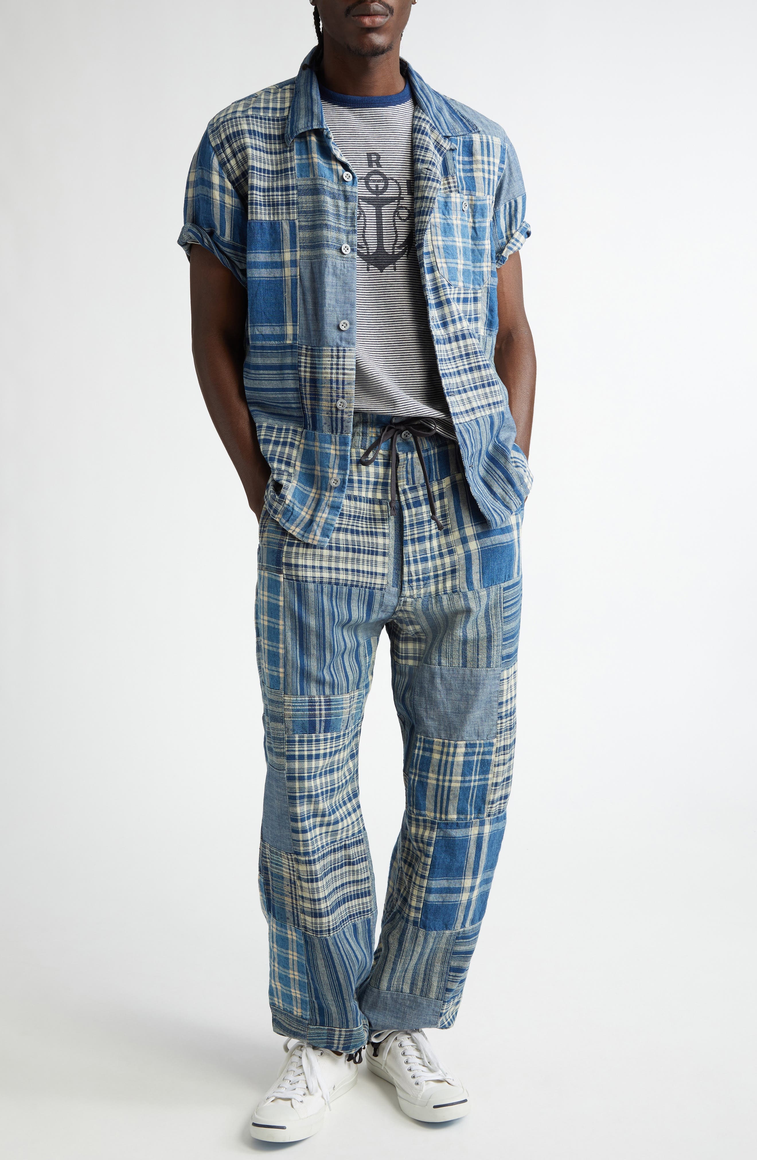 Double RL Indigo Patchwork Cotton & Linen Drawstring Pants in Indigo/Creme Multi at Nordstrom - 2