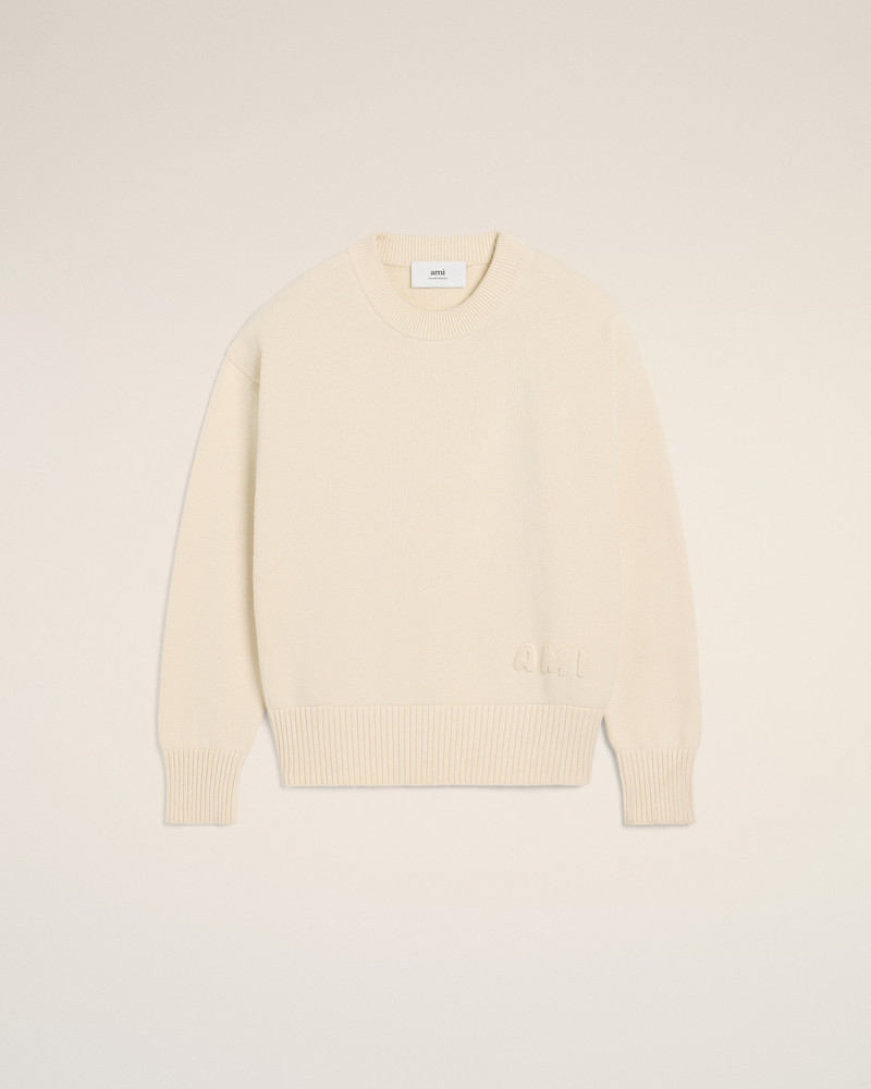 BEIGE COTTON AMI EMBROIDERED CREWNECK SWEATER 1