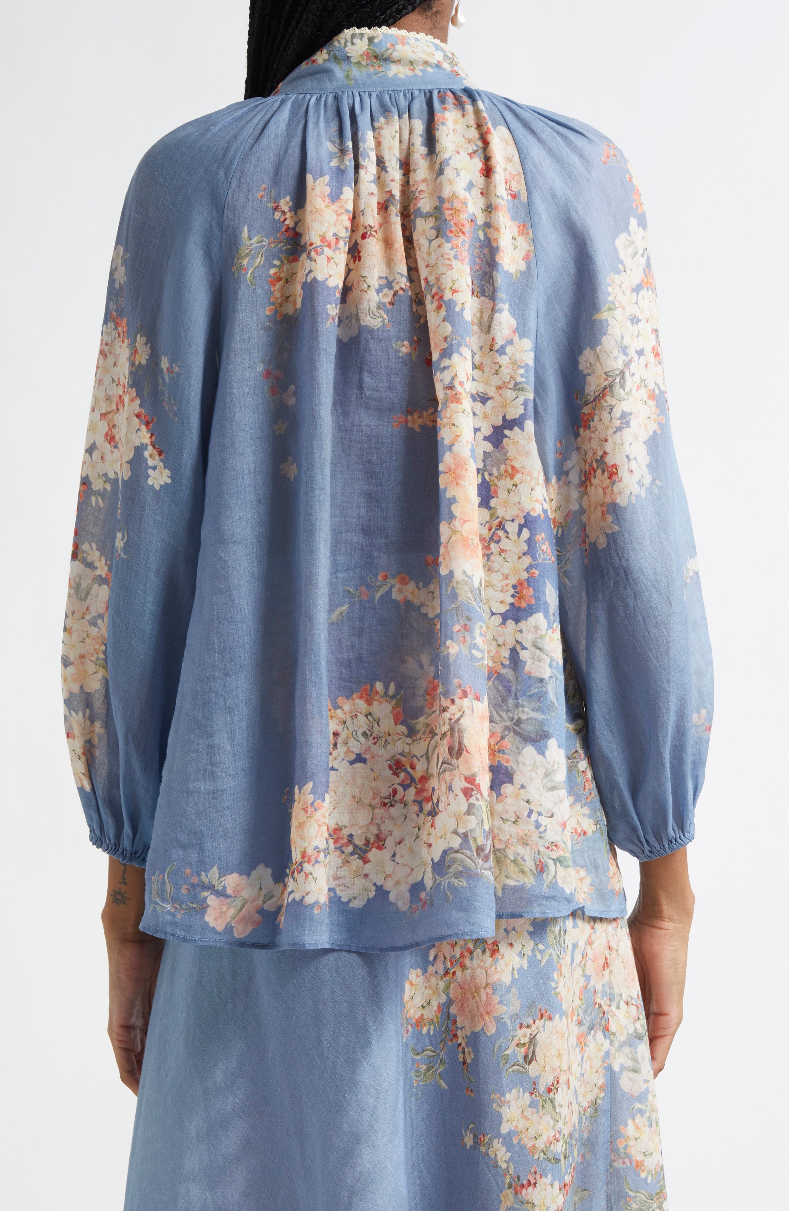 Zimmermann Cascadian Billow Linen Button-Up Shirt in Blue Botanical Floral at Nordstrom - 3