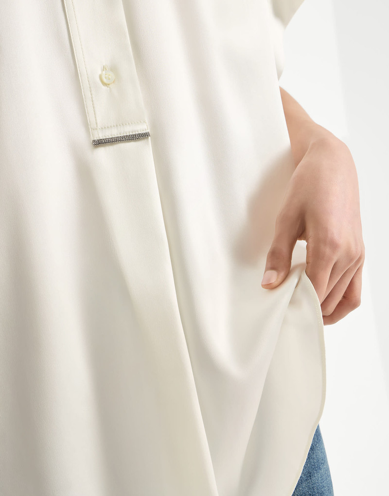 Stretch silk satin short sleeve shirt with monili 4