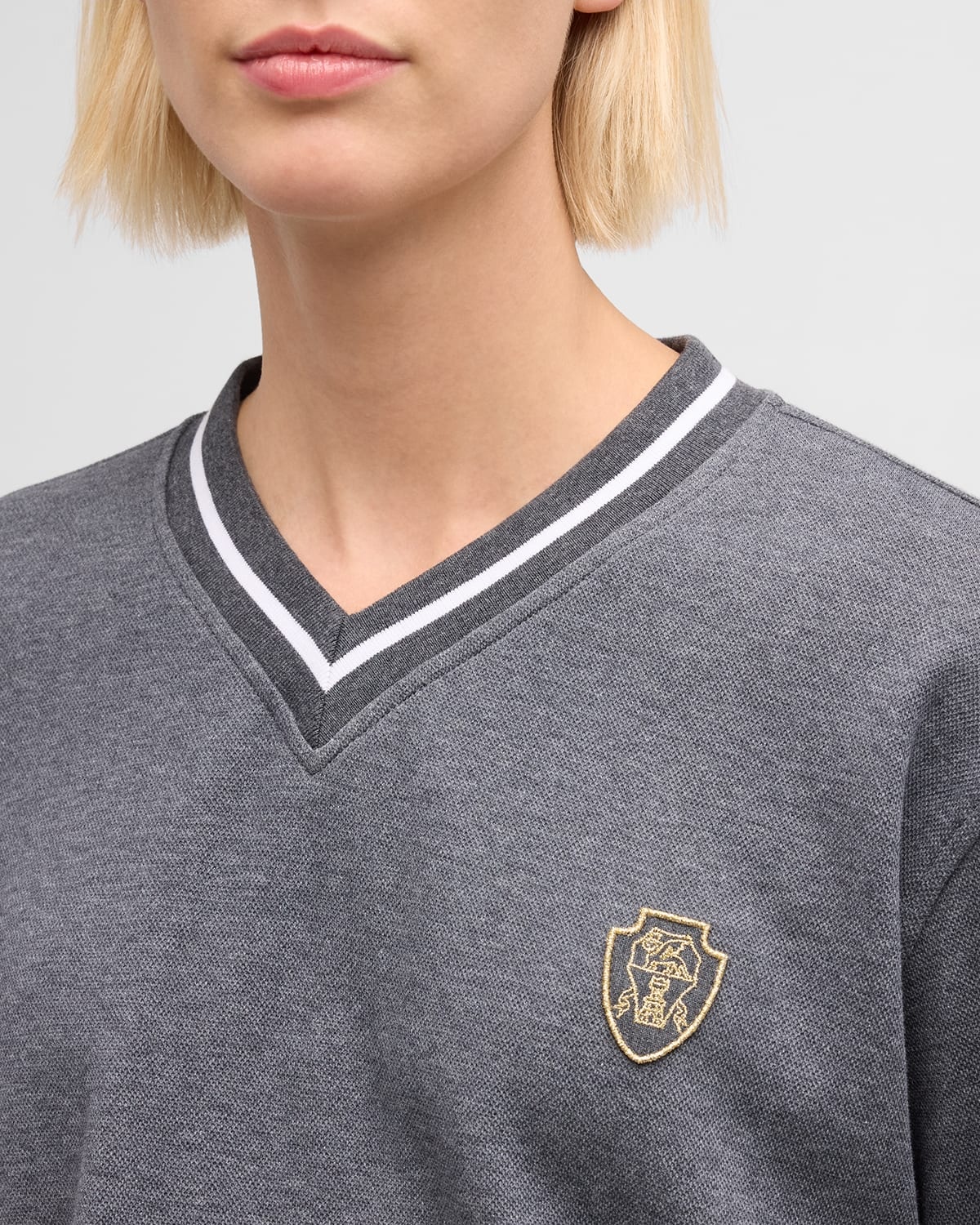 Crest-Embroidered Striped V-Neck Piquet Fleece Sweatshirt - 5