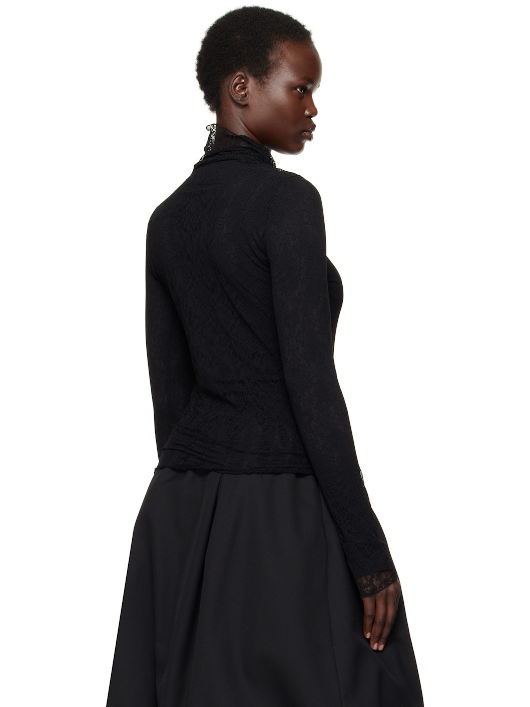 Black Stretch Lace Turtleneck - 3