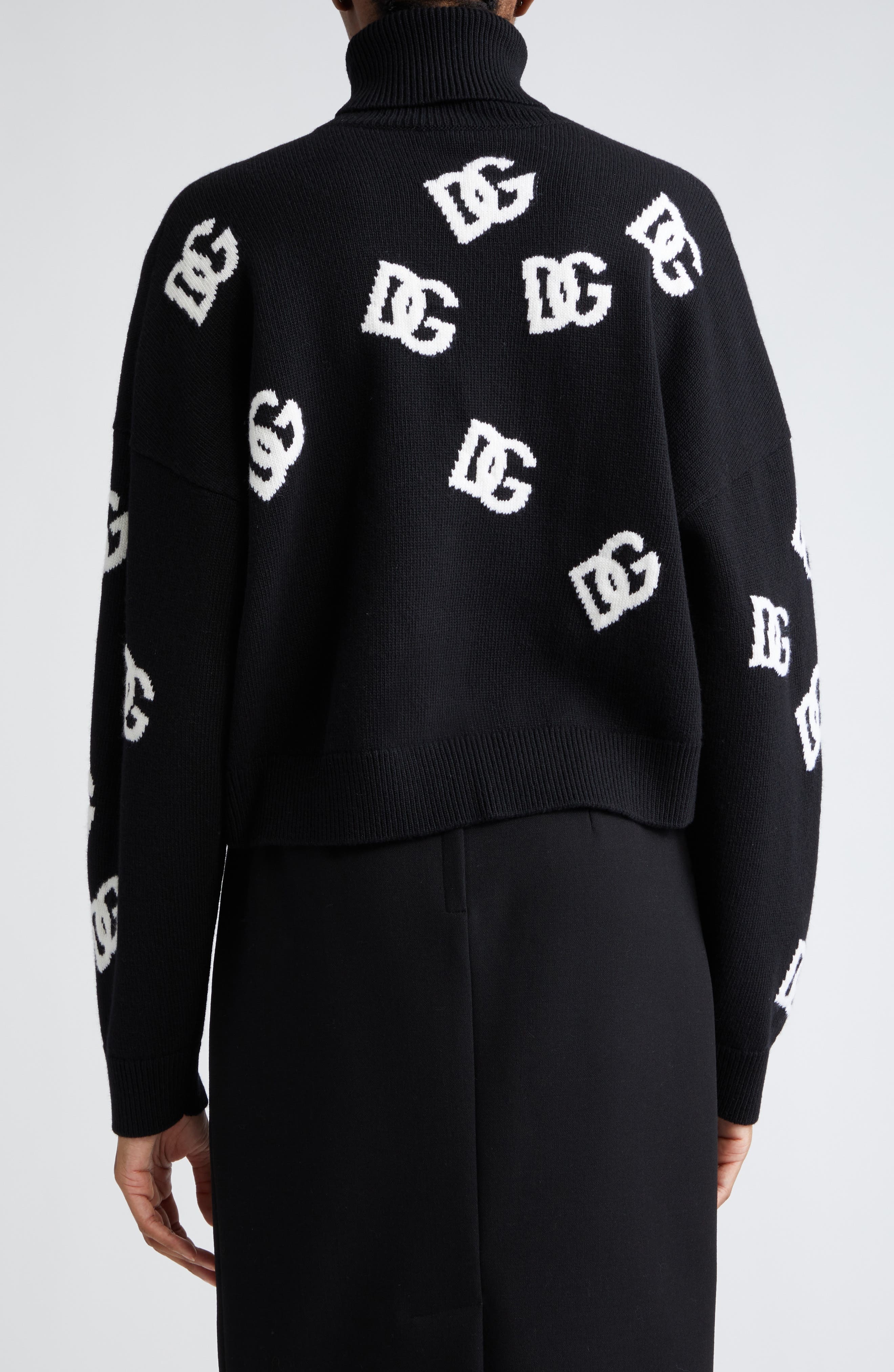Dolce&Gabbana Logo Intarsia Crop Virgin Wool Turtleneck Sweater in Nero/Bianco at Nordstrom - 3