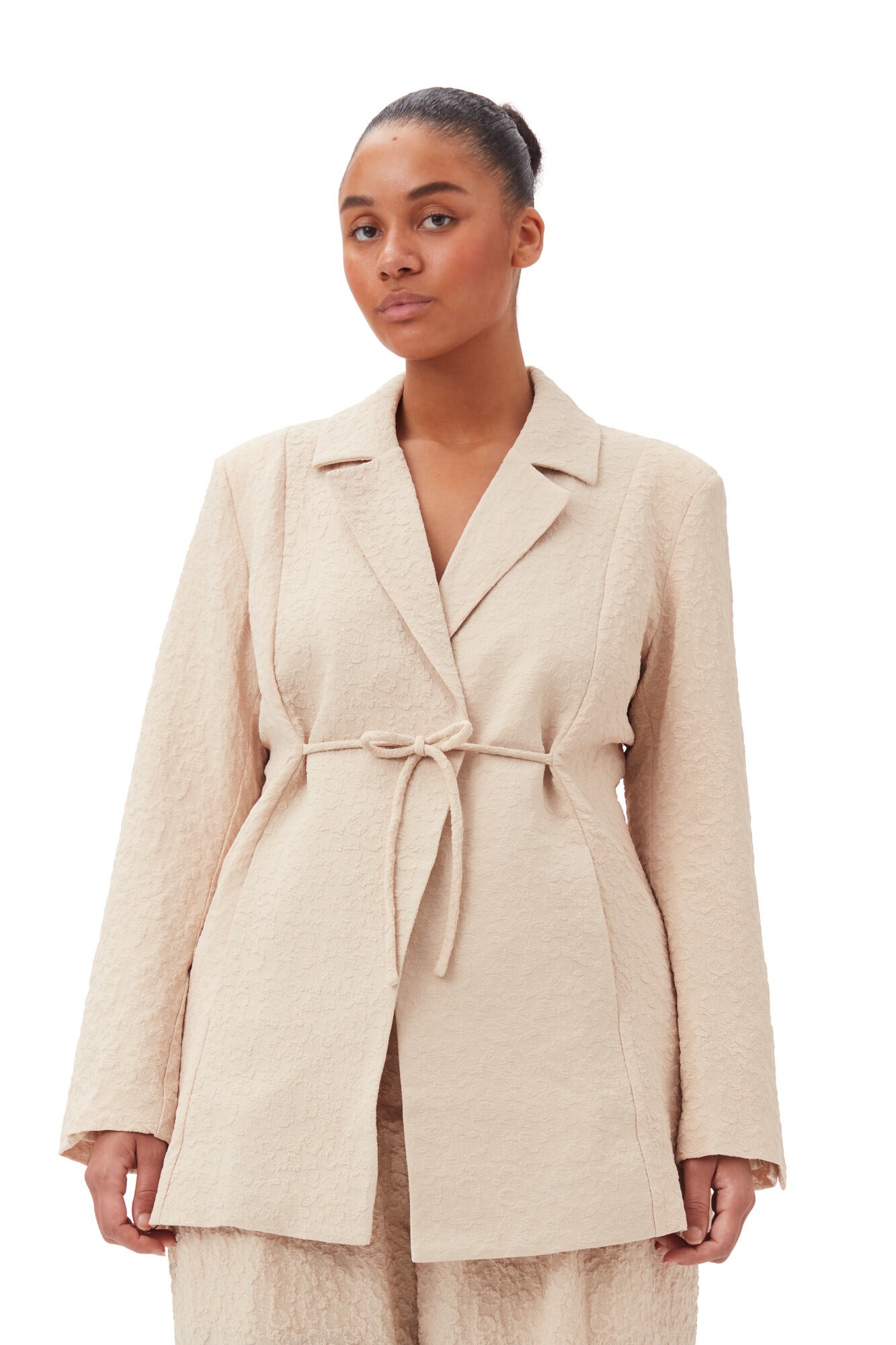 GANNI BEIGE TEXTURED SUITING TIE STRING BLAZER | REVERSIBLE