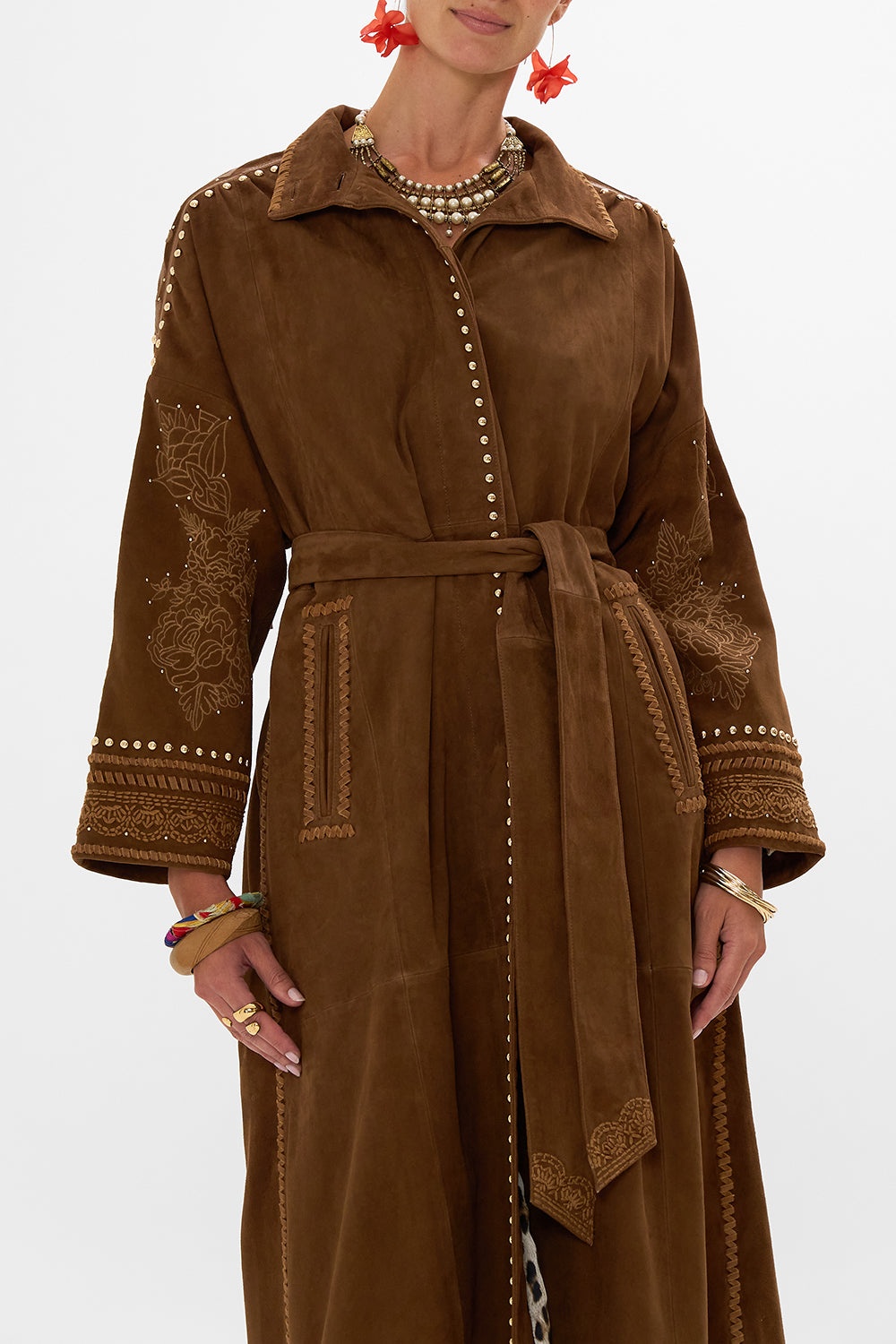 EMBROIDERED LONG SUEDE COAT - 5