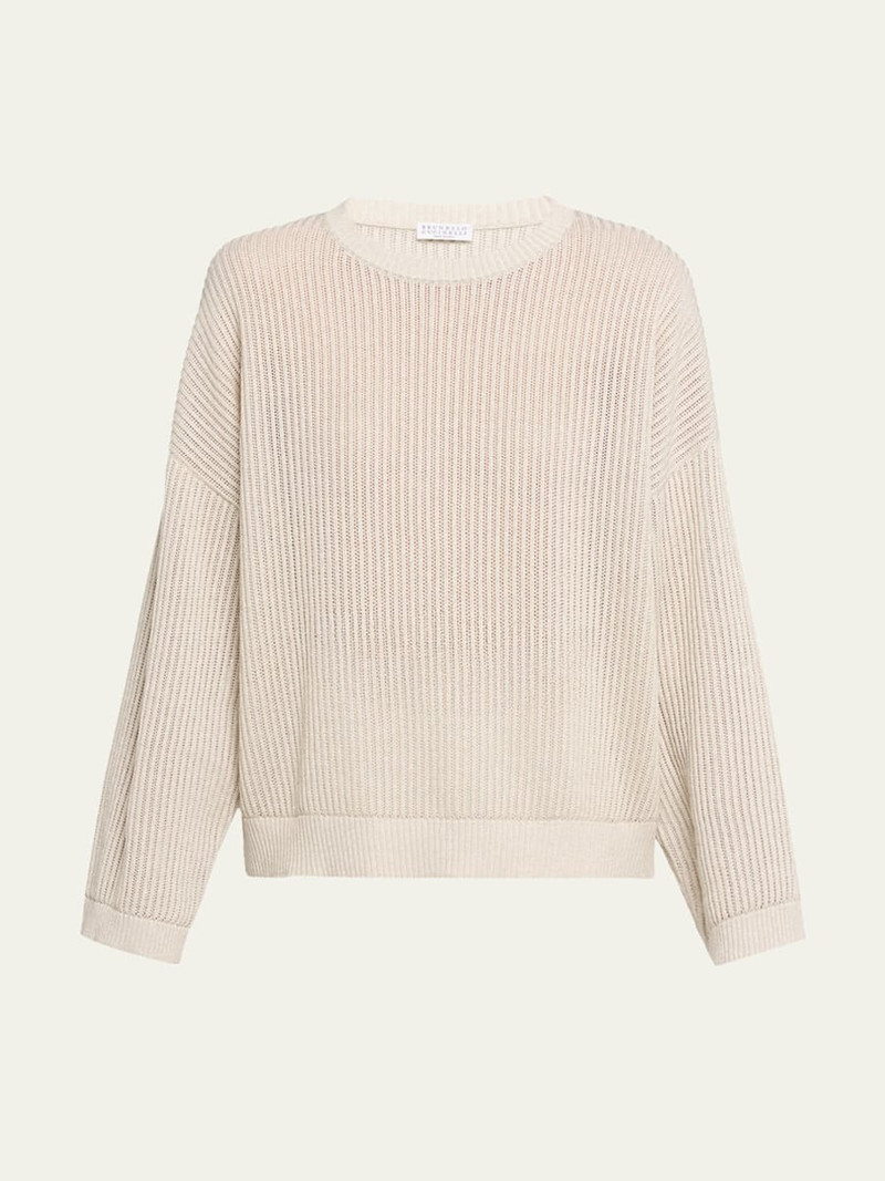 Metallic Openwork Cotton Rib Crewneck Sweater 1