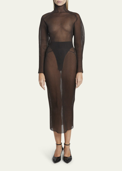 Alaïa Long-Sleeve Sheer Mock-Neck Midi Dress outlook