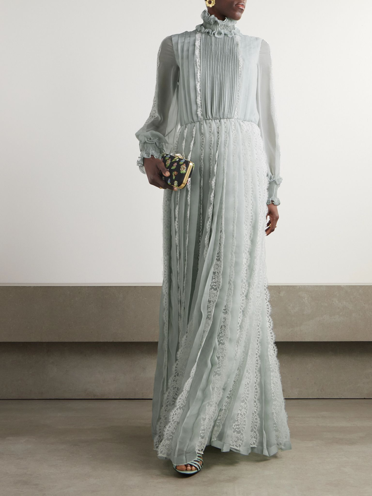 Ruffled lace-trimmed pleated silk-chiffon gown Blue - 2