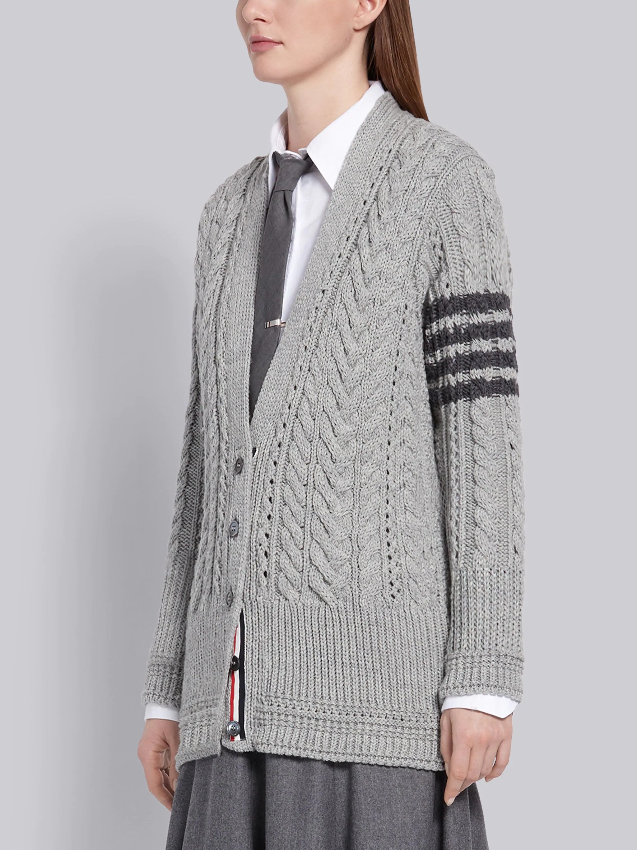 Light Grey Fine Merino Wool Aran Cable Relaxed V-Neck 4-Bar Cardigan - 2