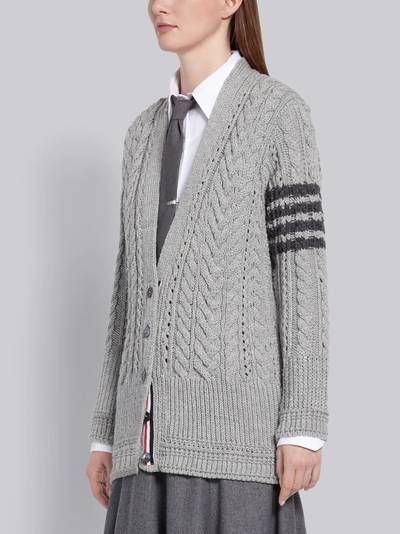 Thom Browne Light Grey Fine Merino Wool Aran Cable Relaxed V-Neck 4-Bar Cardigan outlook