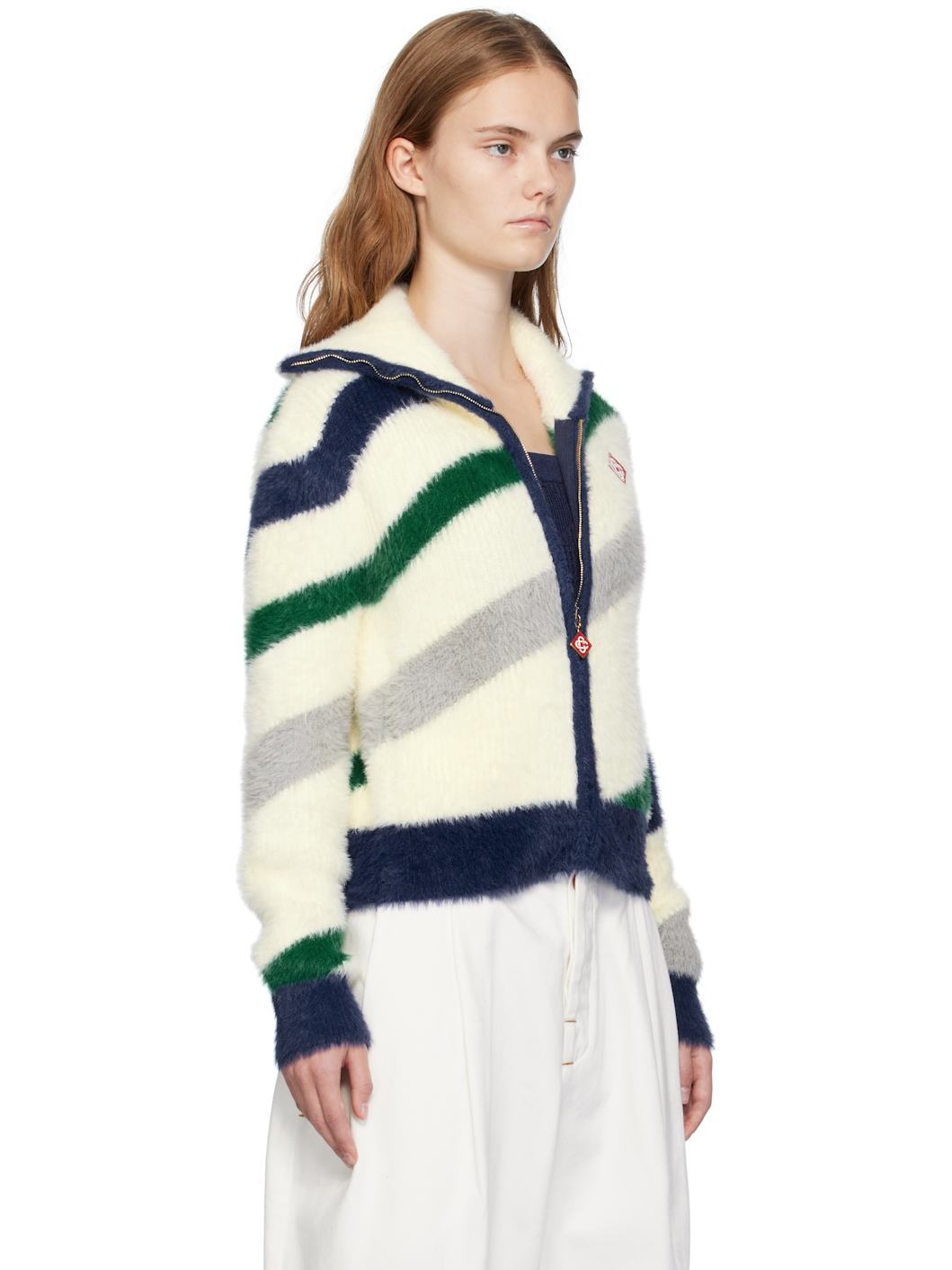 CASABLANCA Off-White Striped Fluffy Zip Up Jacket ssense