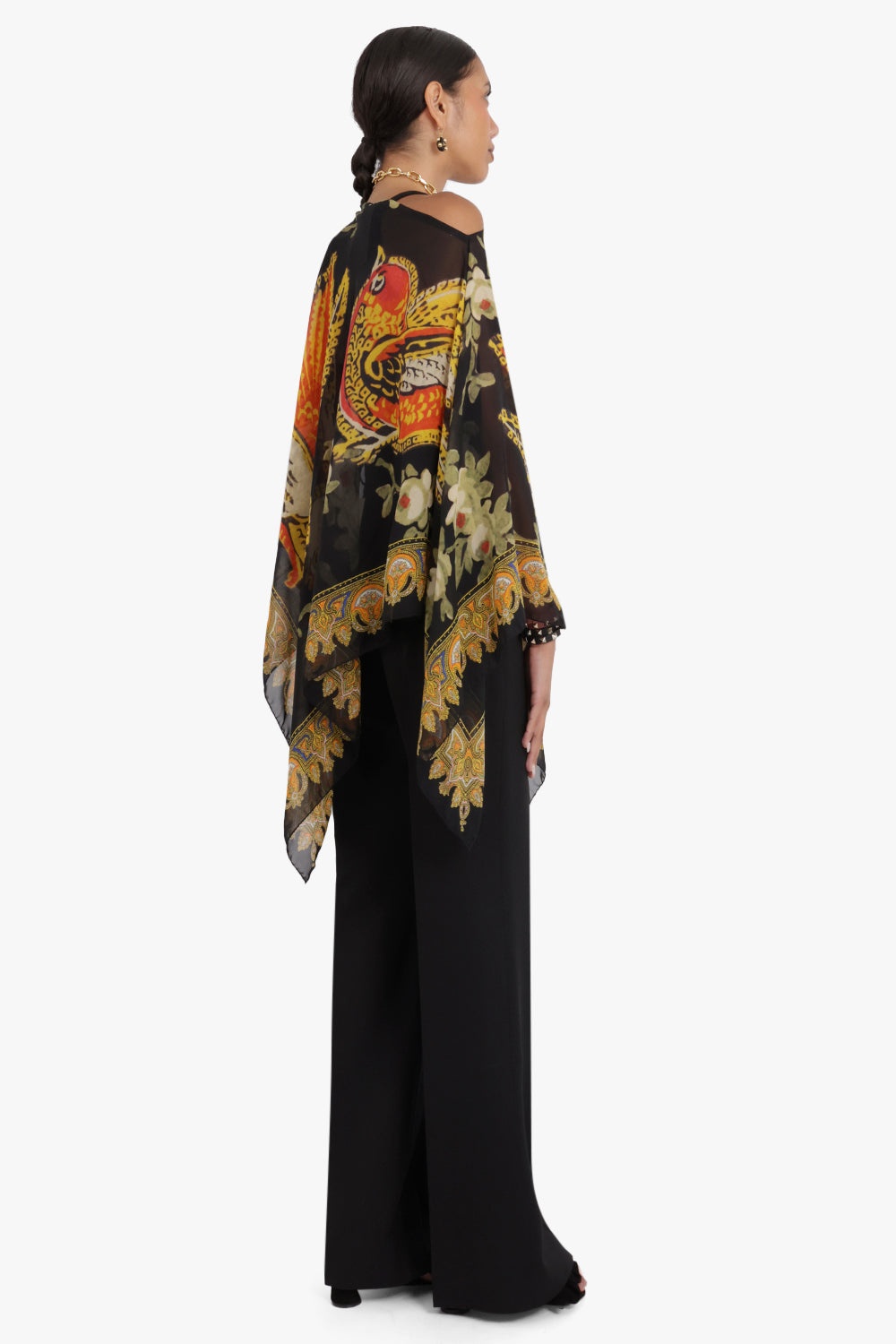 BIRD PRINT GEORGETTE PONCHO | BLACK - 4