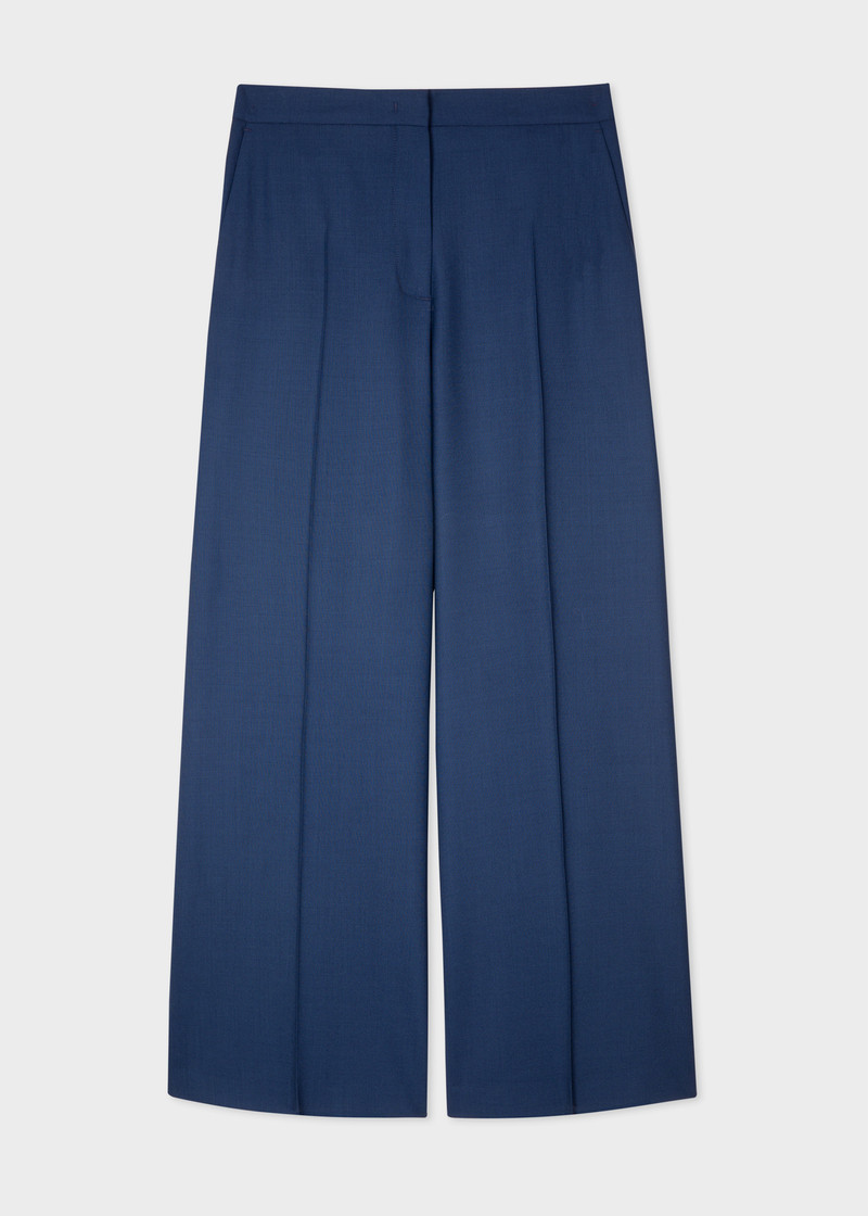 Women's Navy Wool-Hopsack Wide Leg Trousers 1
