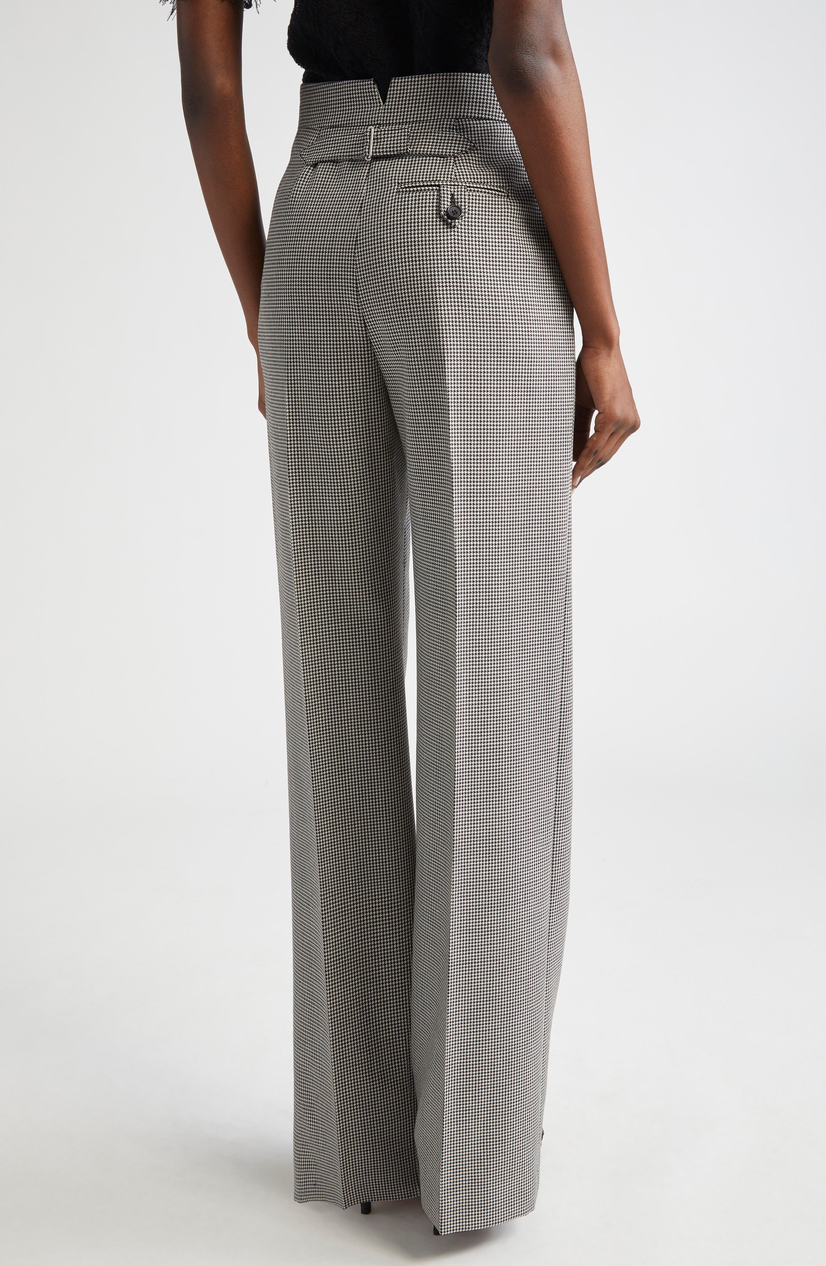 McQueen Micro Houndstooth Pleated Wool & Mohair Straight Leg Trousers in Black/Ivory at Nordstrom - 3