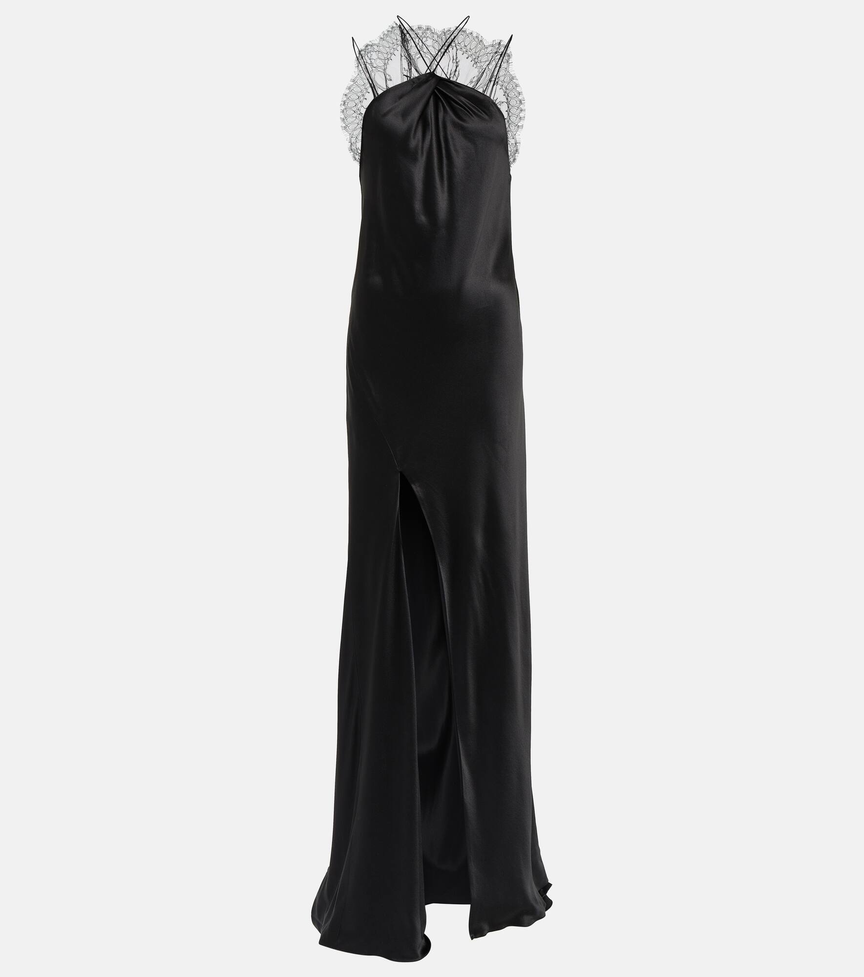 Halterneck lace-trimmed silk satin gown - 1