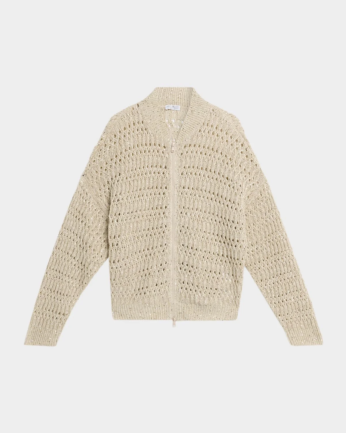 Paillette Linen Open-Knit Zip Cardigan - 1