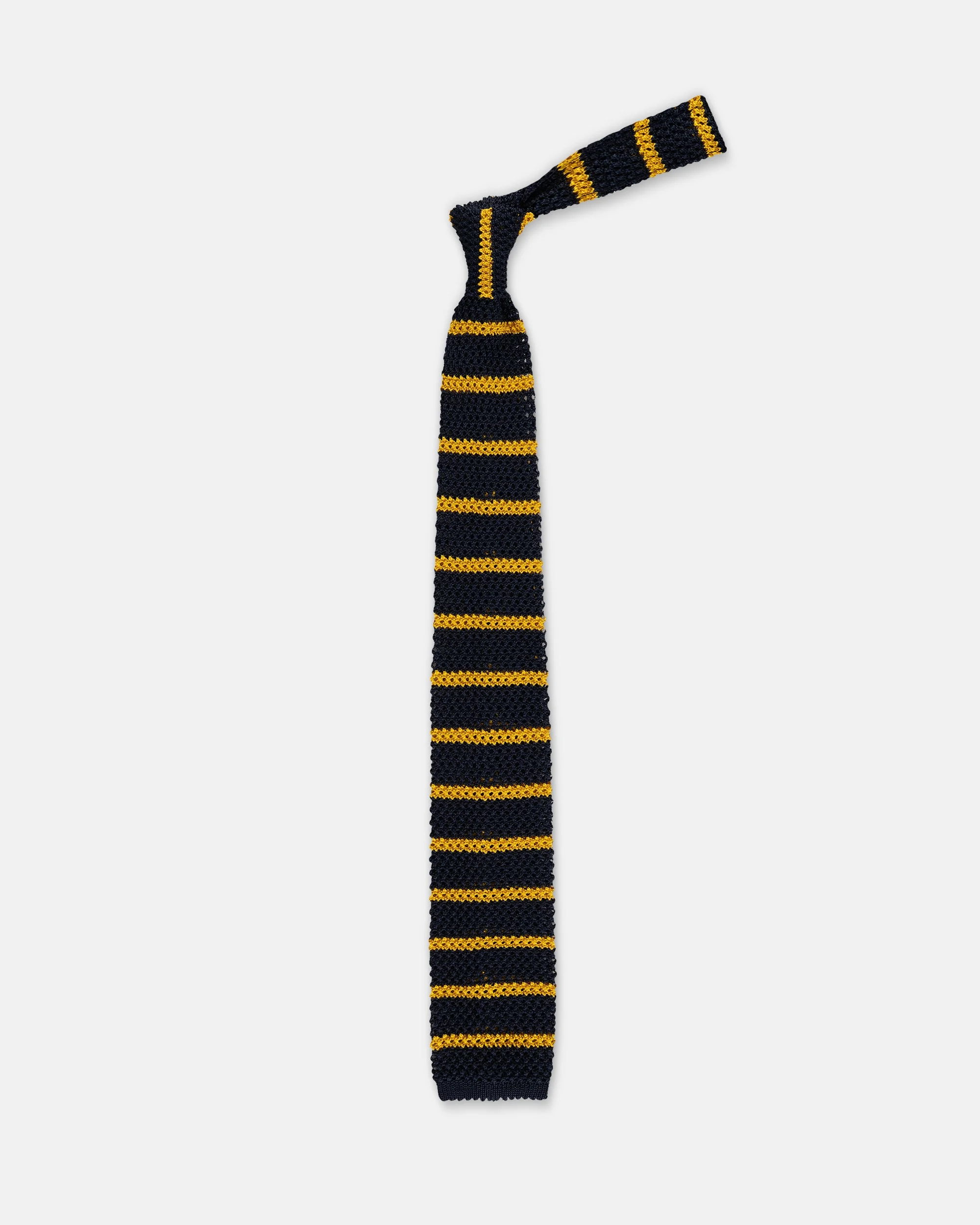 MADE-IN-ITALY NAVY & YELLOW BAR STRIPE SILK KNIT TIE - 1