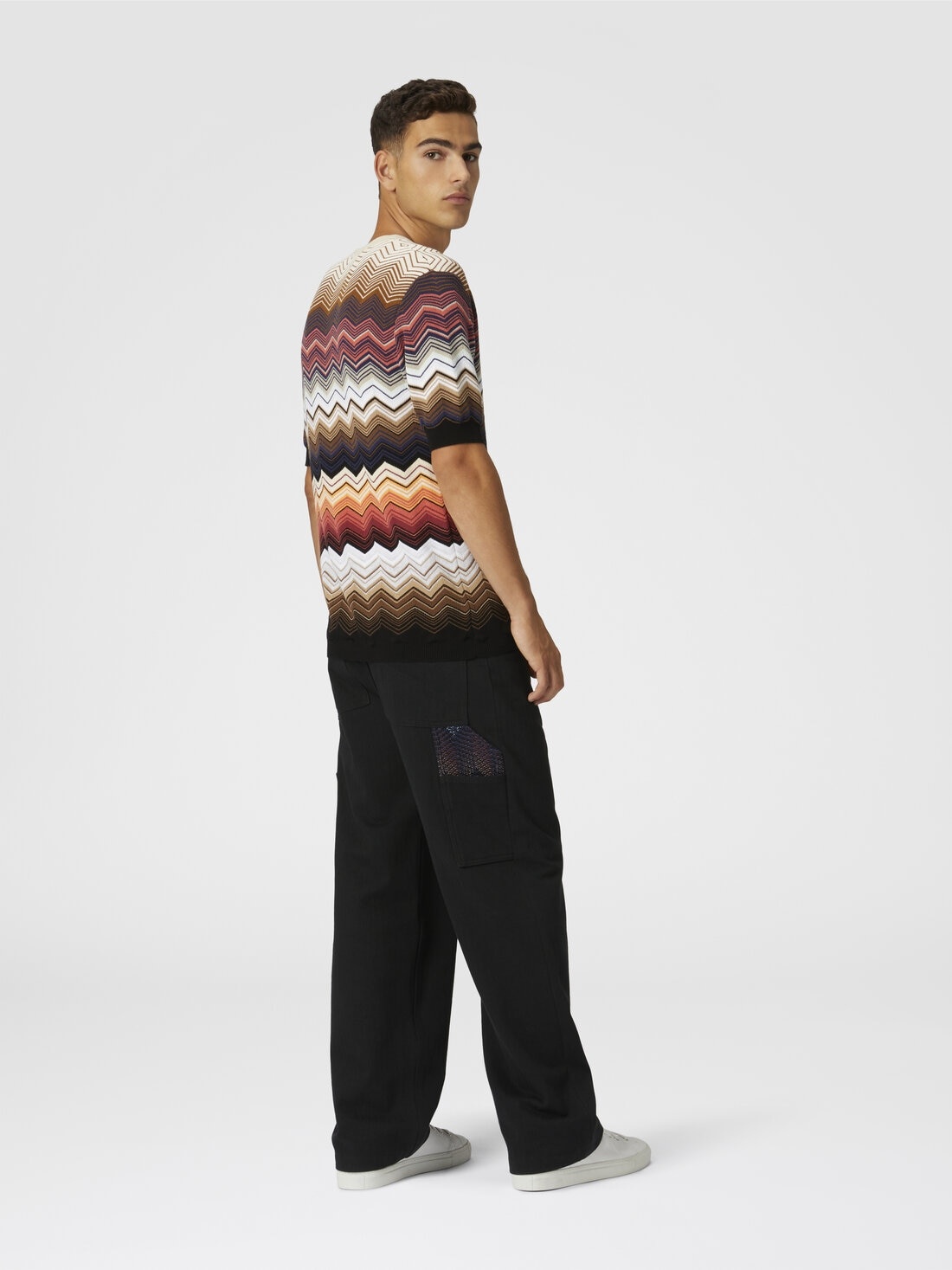 Zig zag cotton knit crewneck T-shirt with contrasting piping - 3