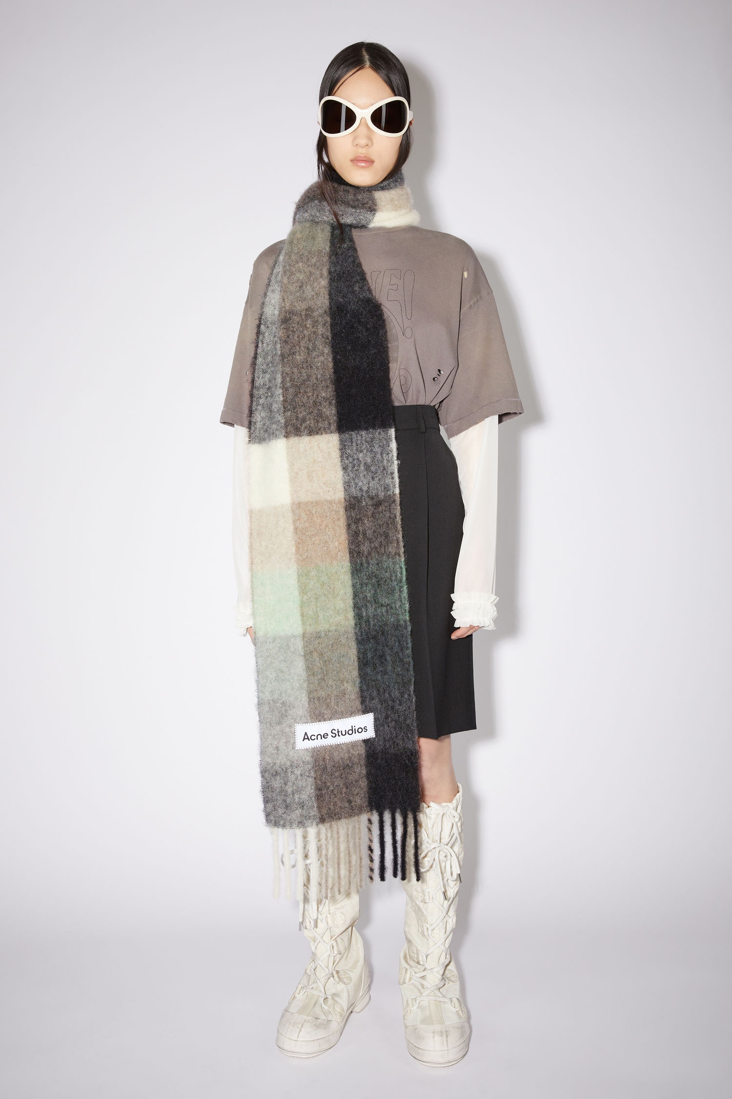 Mohair checked scarf - Green/grey/black - 2