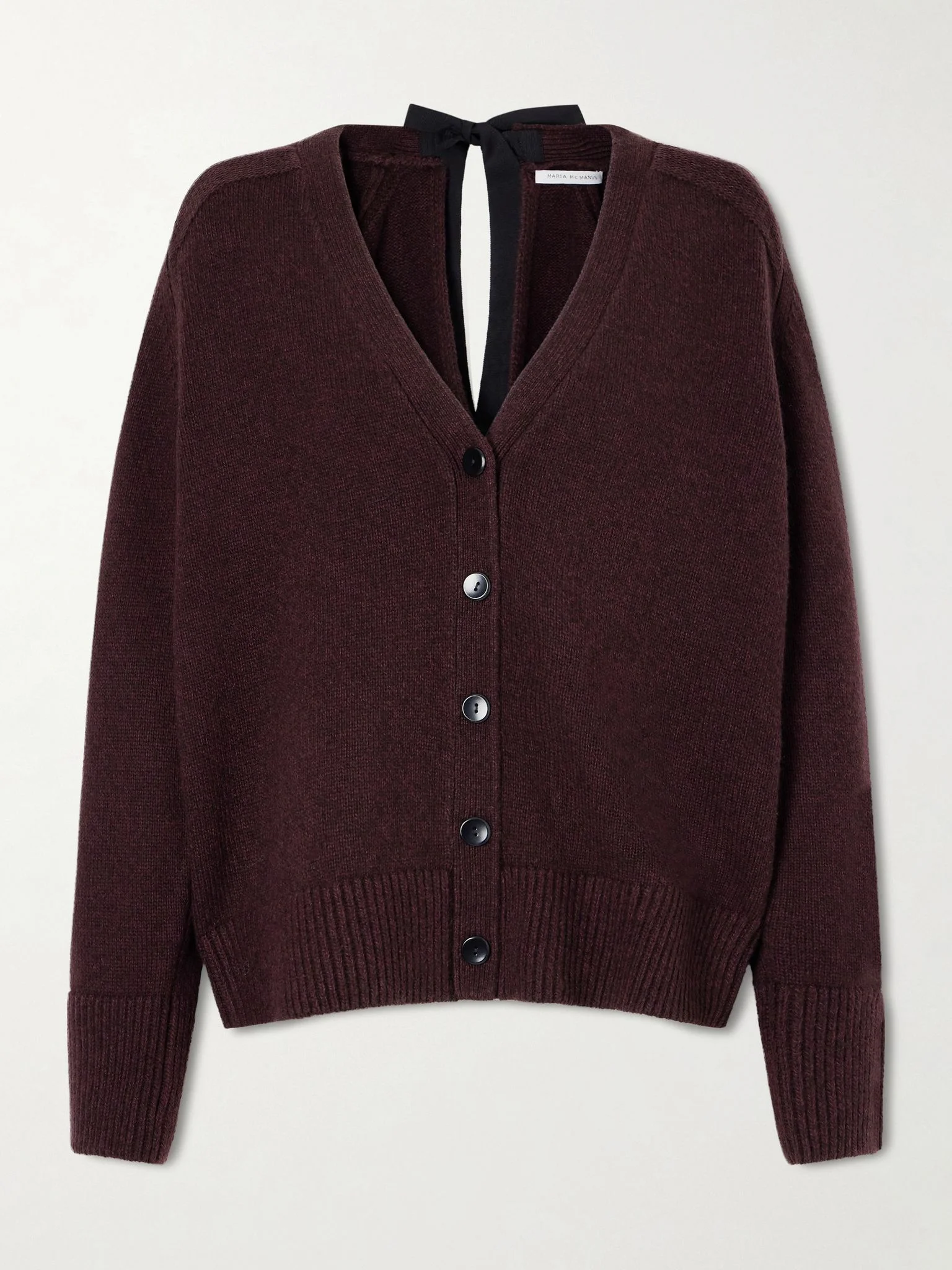 Open-back bow-detailed cashmere and cotton-blend cardigan Plum - 1