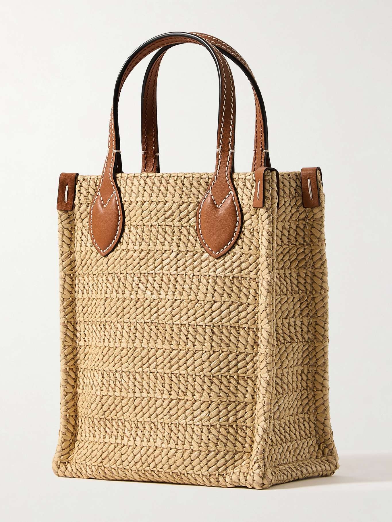 Mini leather-trimmed appliquéd raffia tote - 3