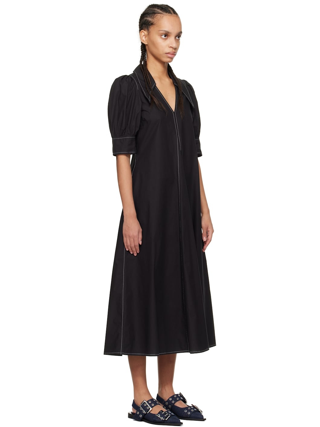Black Cotton Poplin V-Neck Midi Dress - 2