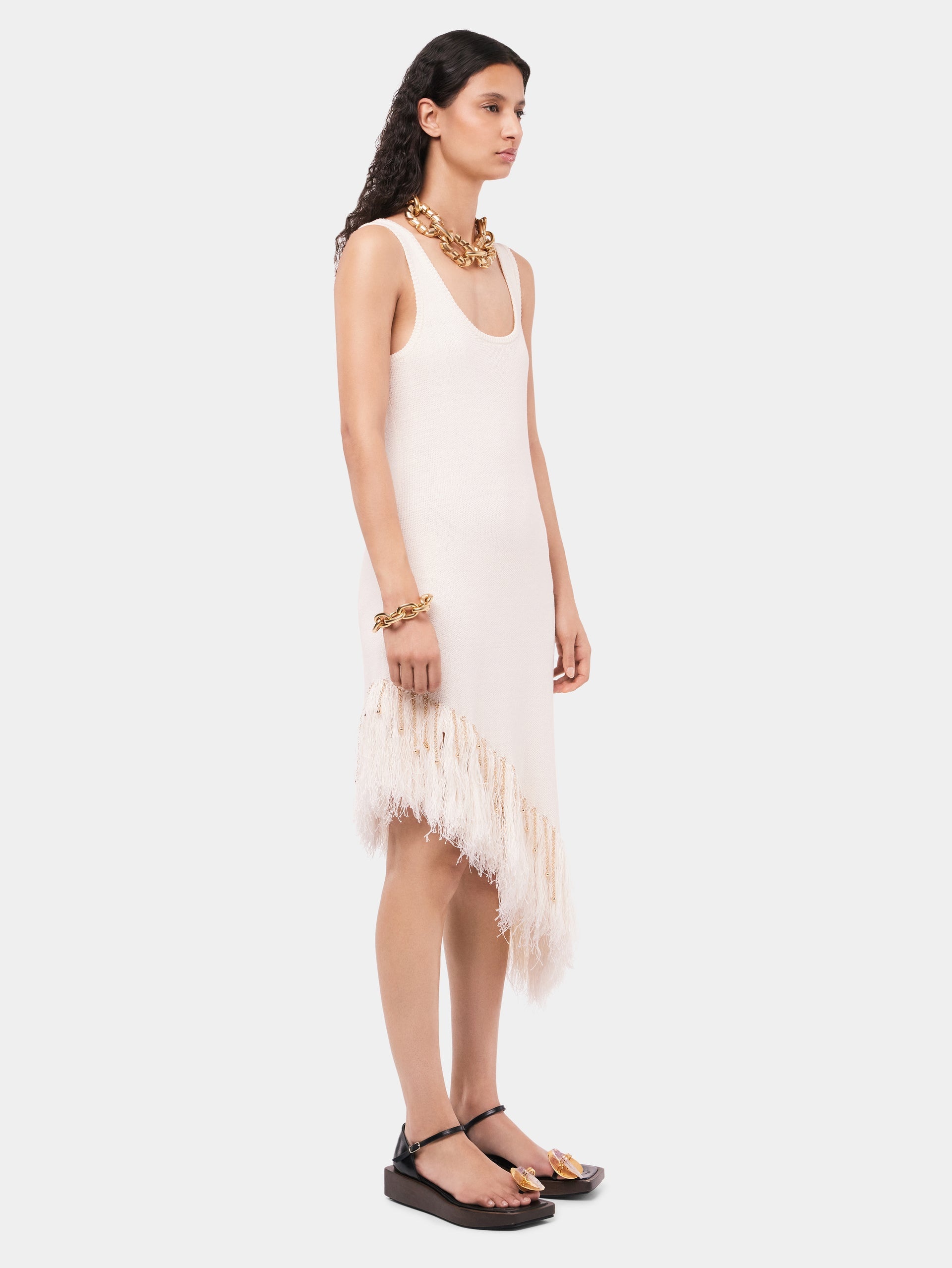ASYMMETRICAL OFF WHITE WOVEN DRESS WITH KNITTED BEADS AND FEATHERS - 3